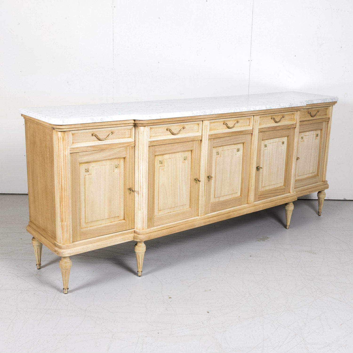 Antique French Louis XVI Style Bleached Enfilade Buffet with Carrara Marble Top