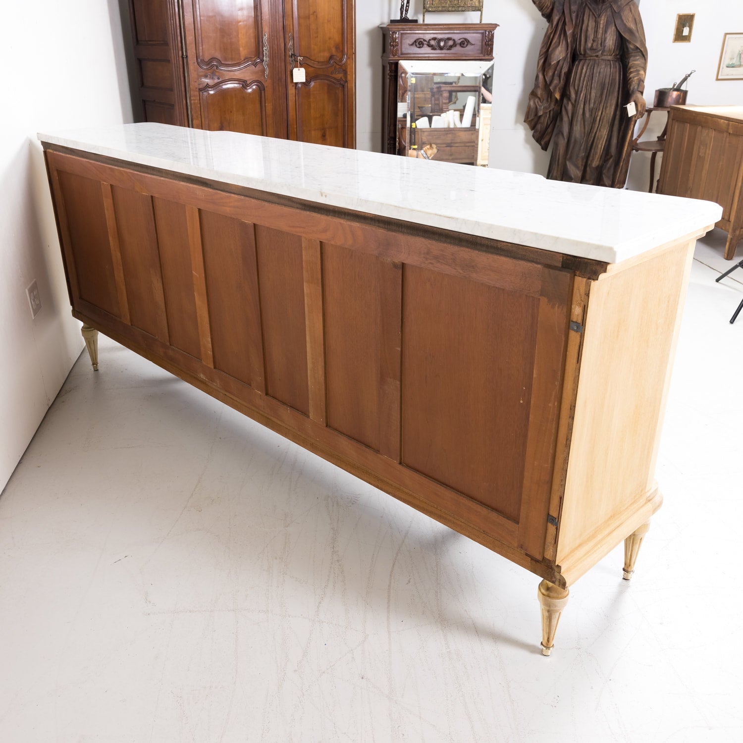 Antique French Louis XVI Style Bleached Enfilade Buffet with Carrara Marble Top