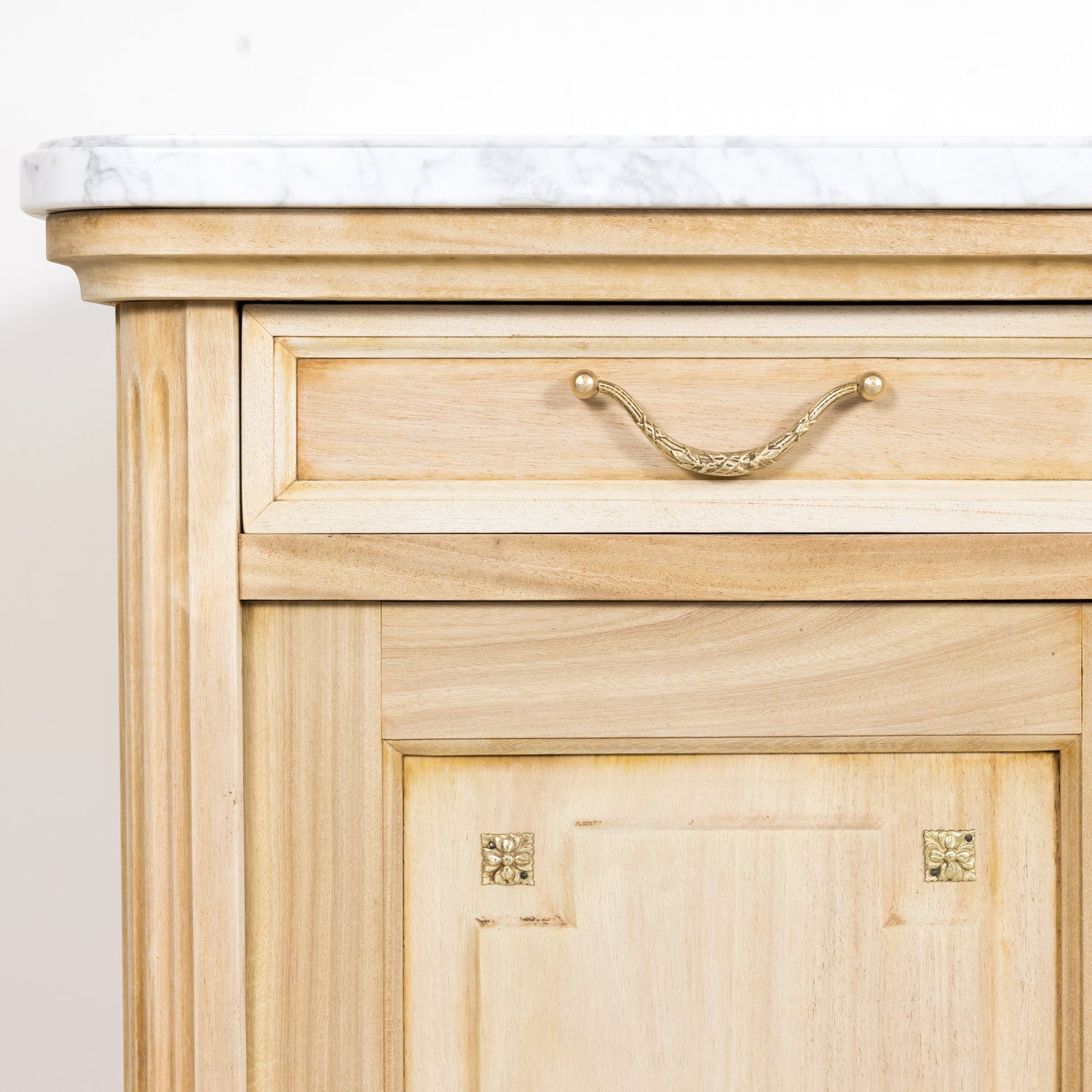 Antique French Louis XVI Style Bleached Enfilade Buffet with Carrara Marble Top