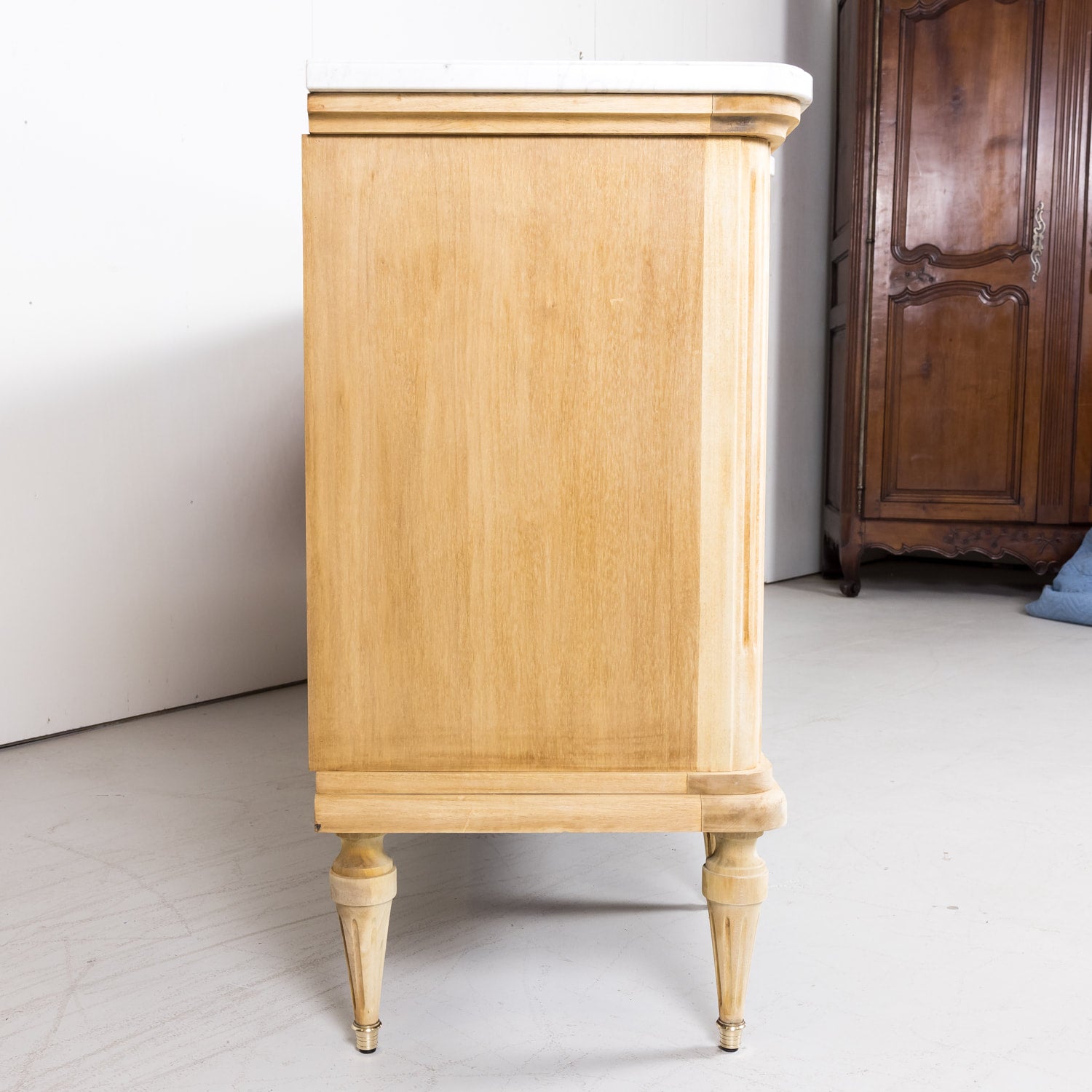 Antique French Louis XVI Style Bleached Enfilade Buffet with Carrara Marble Top