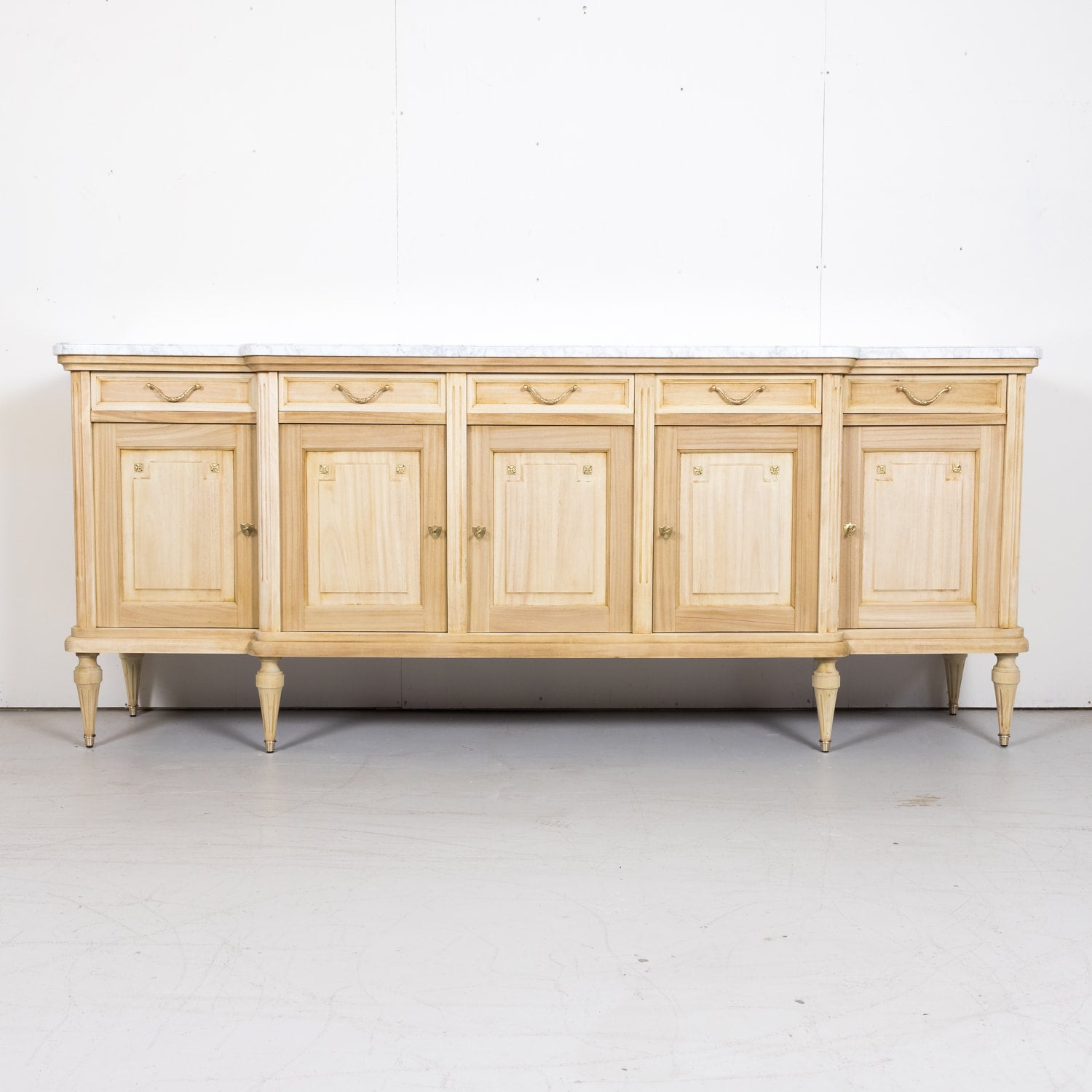 Antique French Louis XVI Style Bleached Enfilade Buffet with Carrara Marble Top