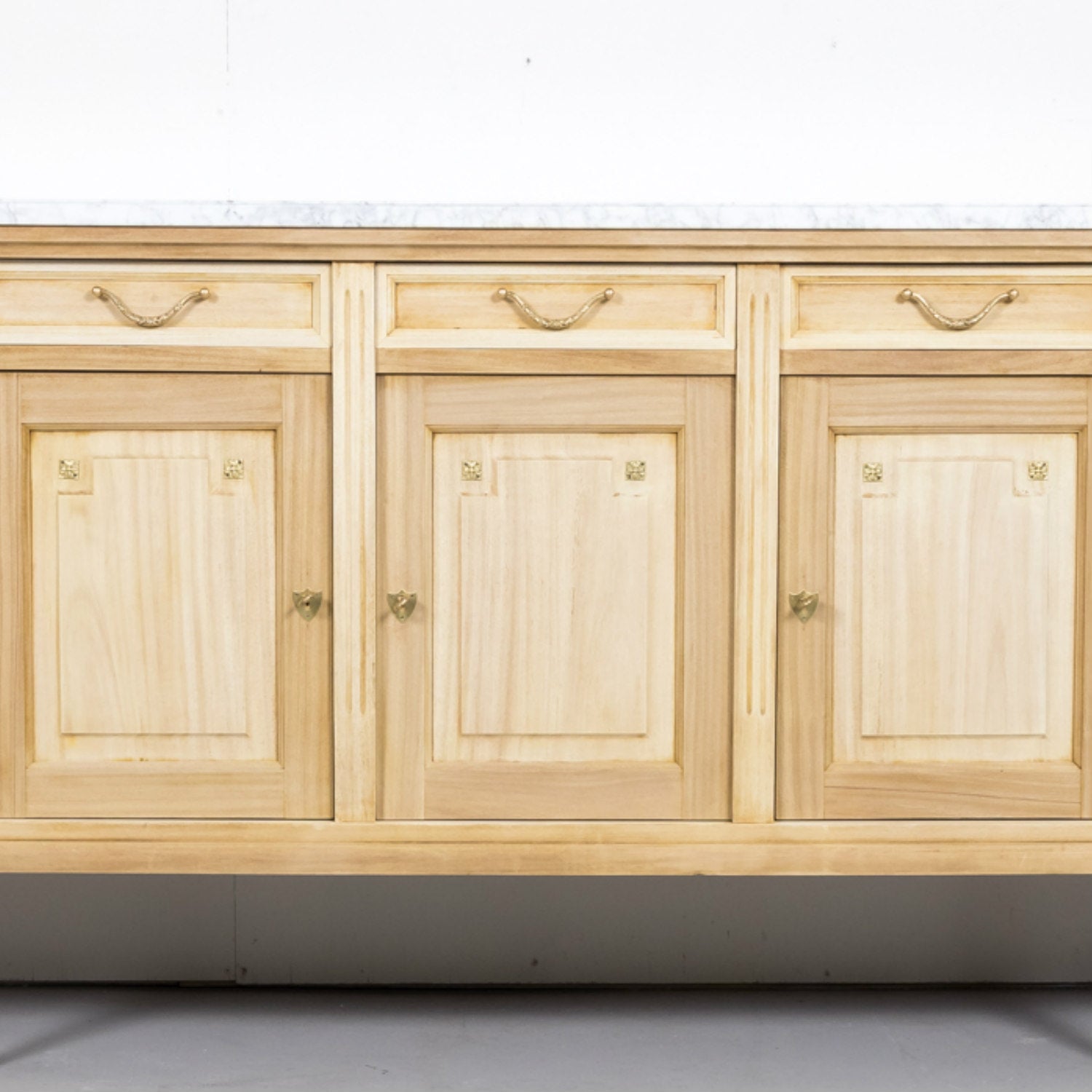 Antique French Louis XVI Style Bleached Enfilade Buffet with Carrara Marble Top