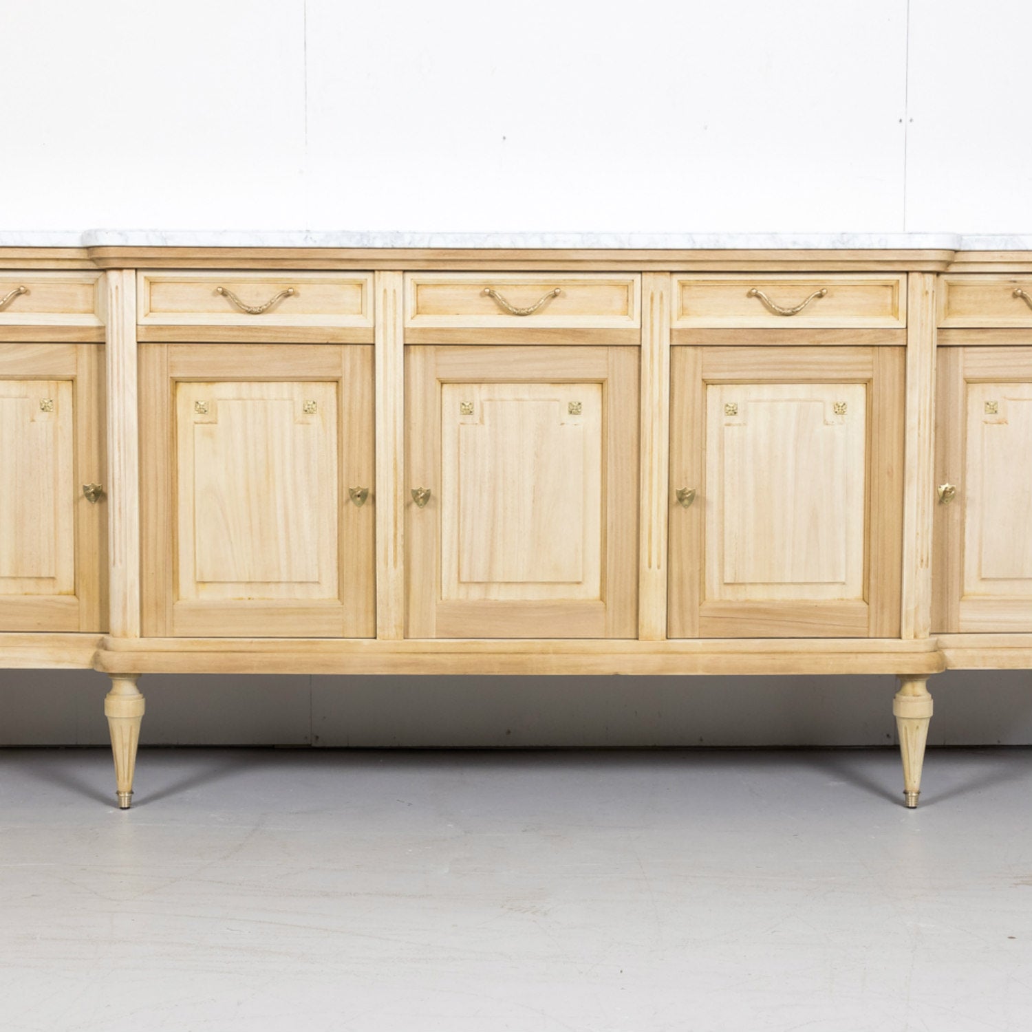 Antique French Louis XVI Style Bleached Enfilade Buffet with Carrara Marble Top