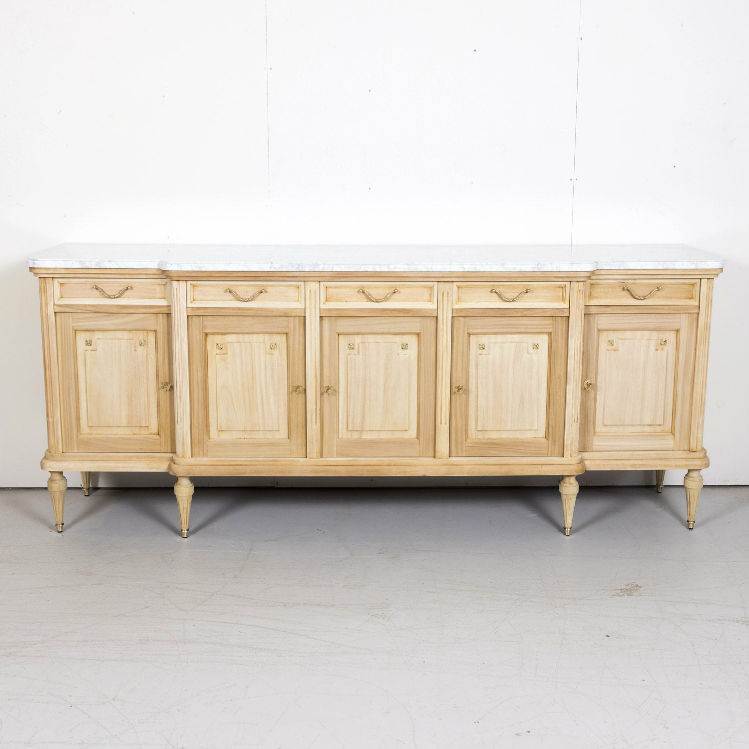 Antique French Louis XVI Style Bleached Enfilade Buffet with Carrara Marble Top