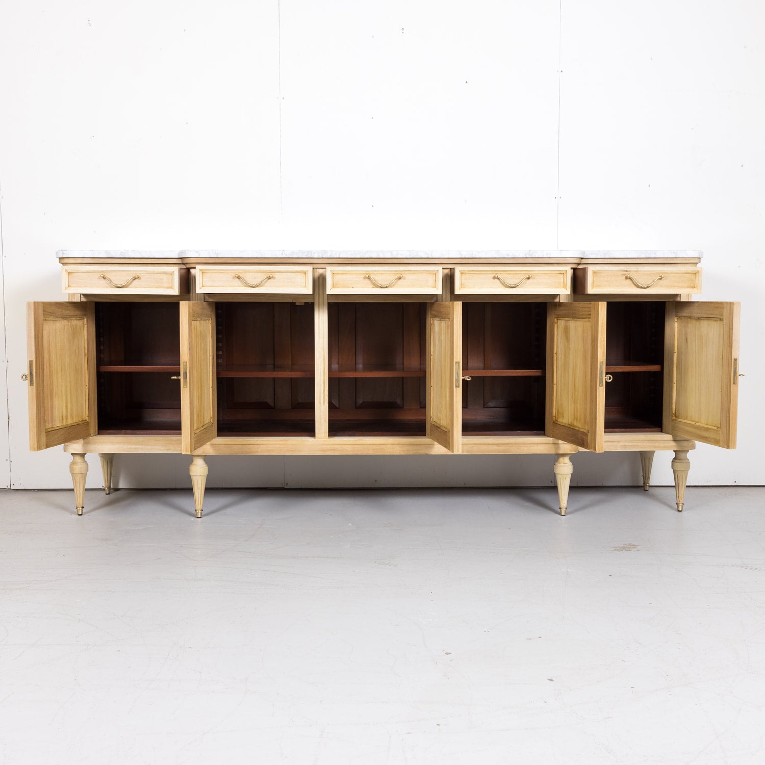 Antique French Louis XVI Style Bleached Enfilade Buffet with Carrara Marble Top