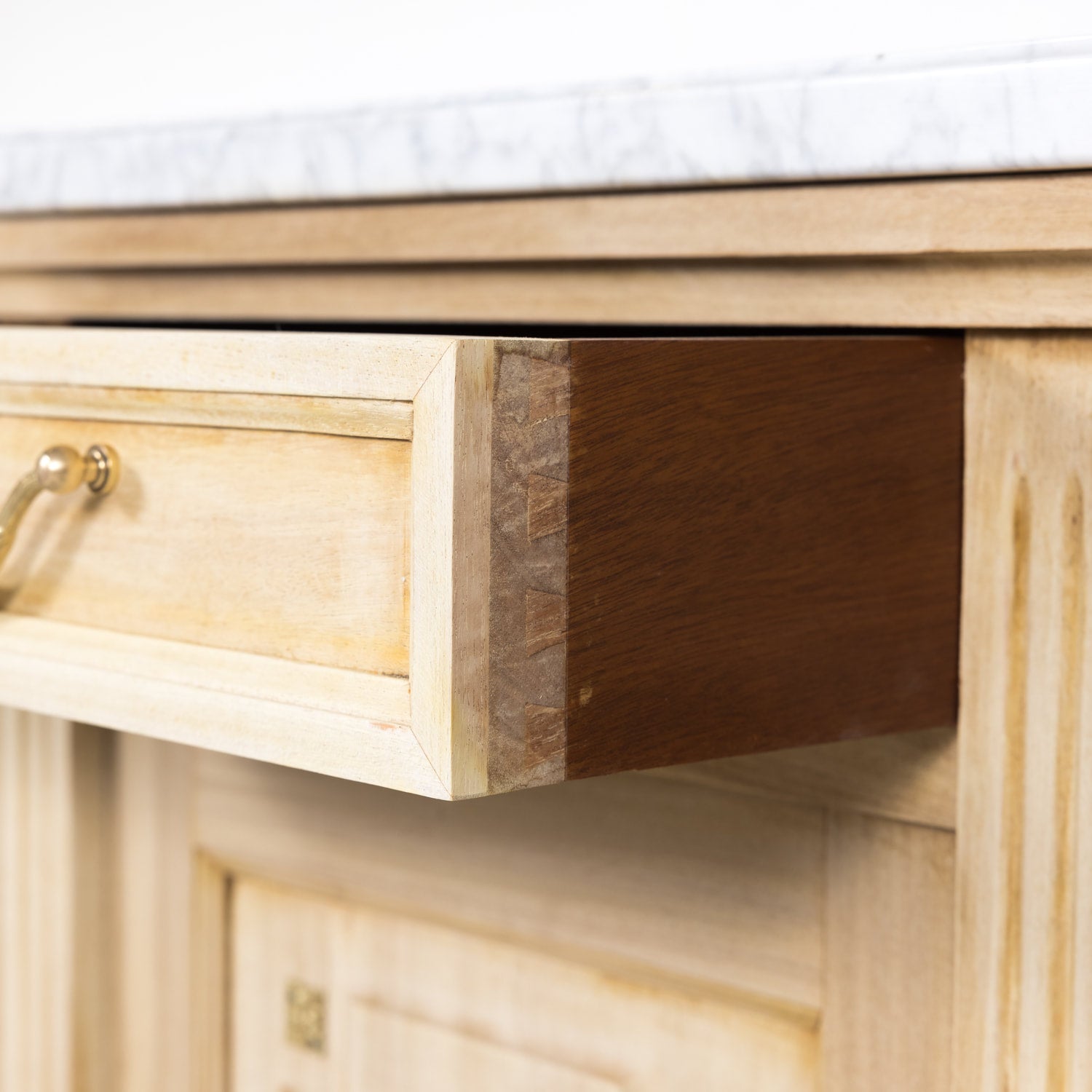 Antique French Louis XVI Style Bleached Enfilade Buffet with Carrara Marble Top