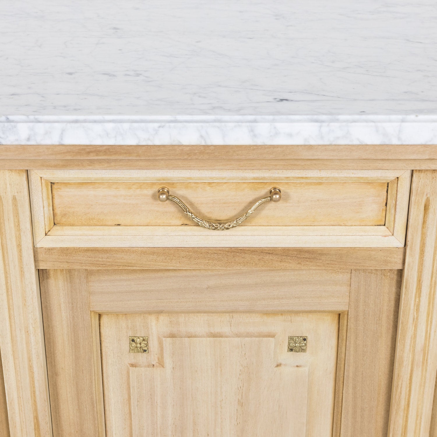 Antique French Louis XVI Style Bleached Enfilade Buffet with Carrara Marble Top