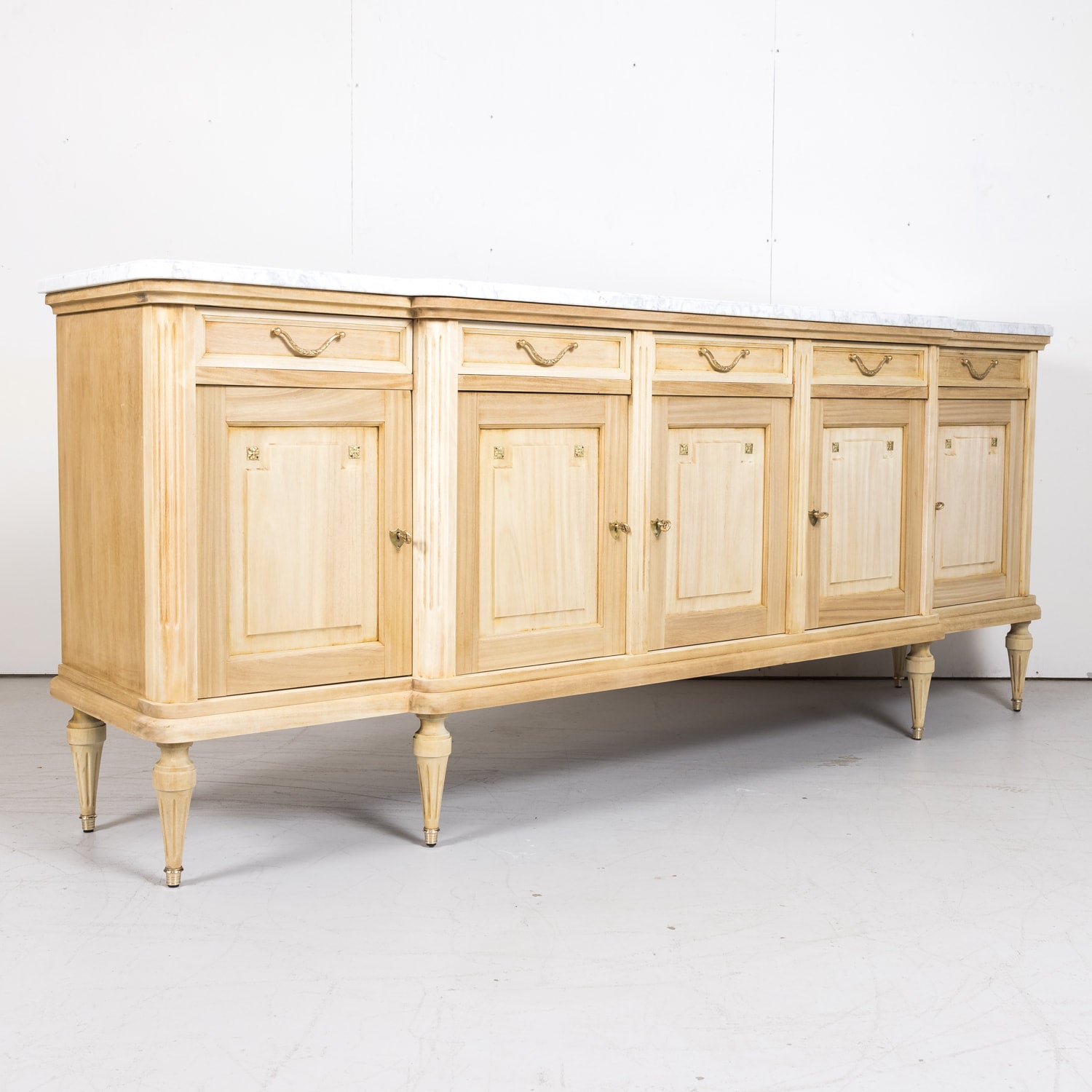 Antique French Louis XVI Style Bleached Enfilade Buffet with Carrara Marble Top