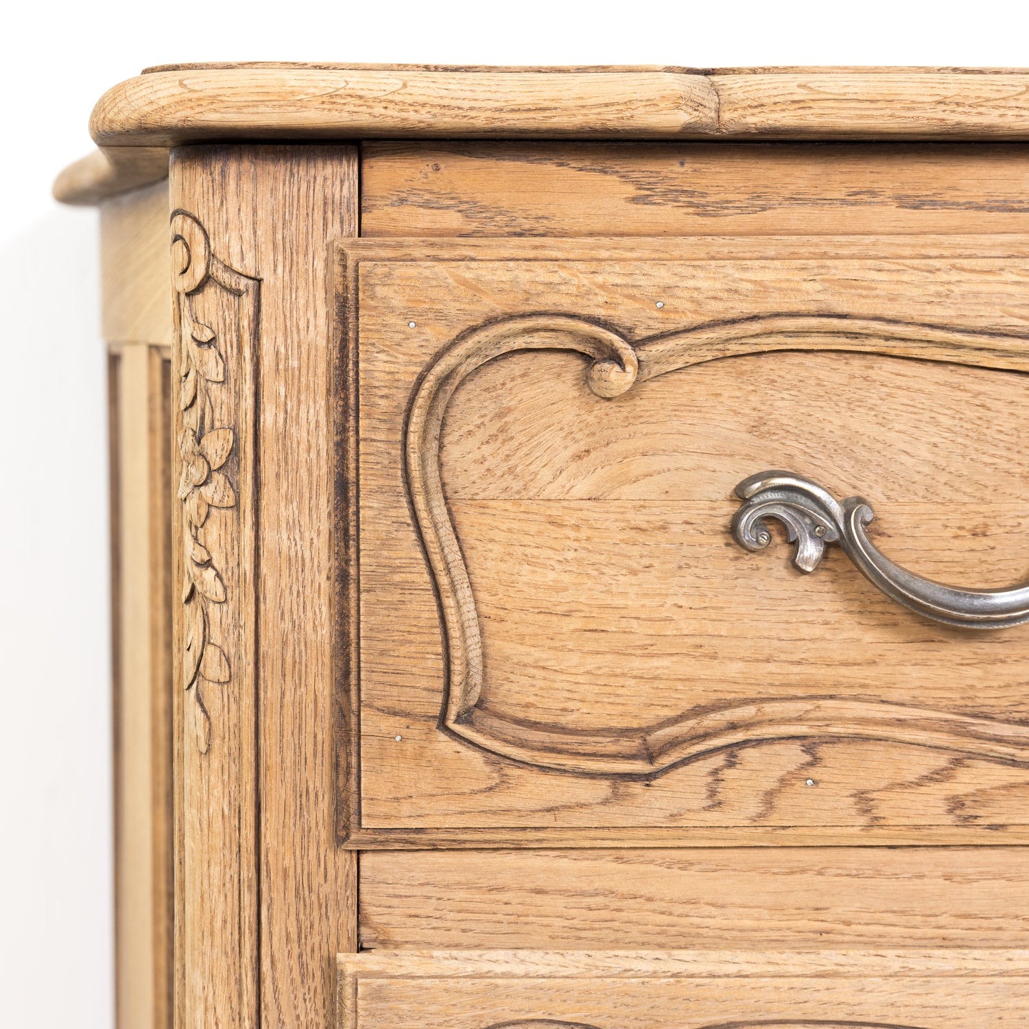 Antique French Country Louis XV Style Carved Bleached Oak Four-Drawer Commode