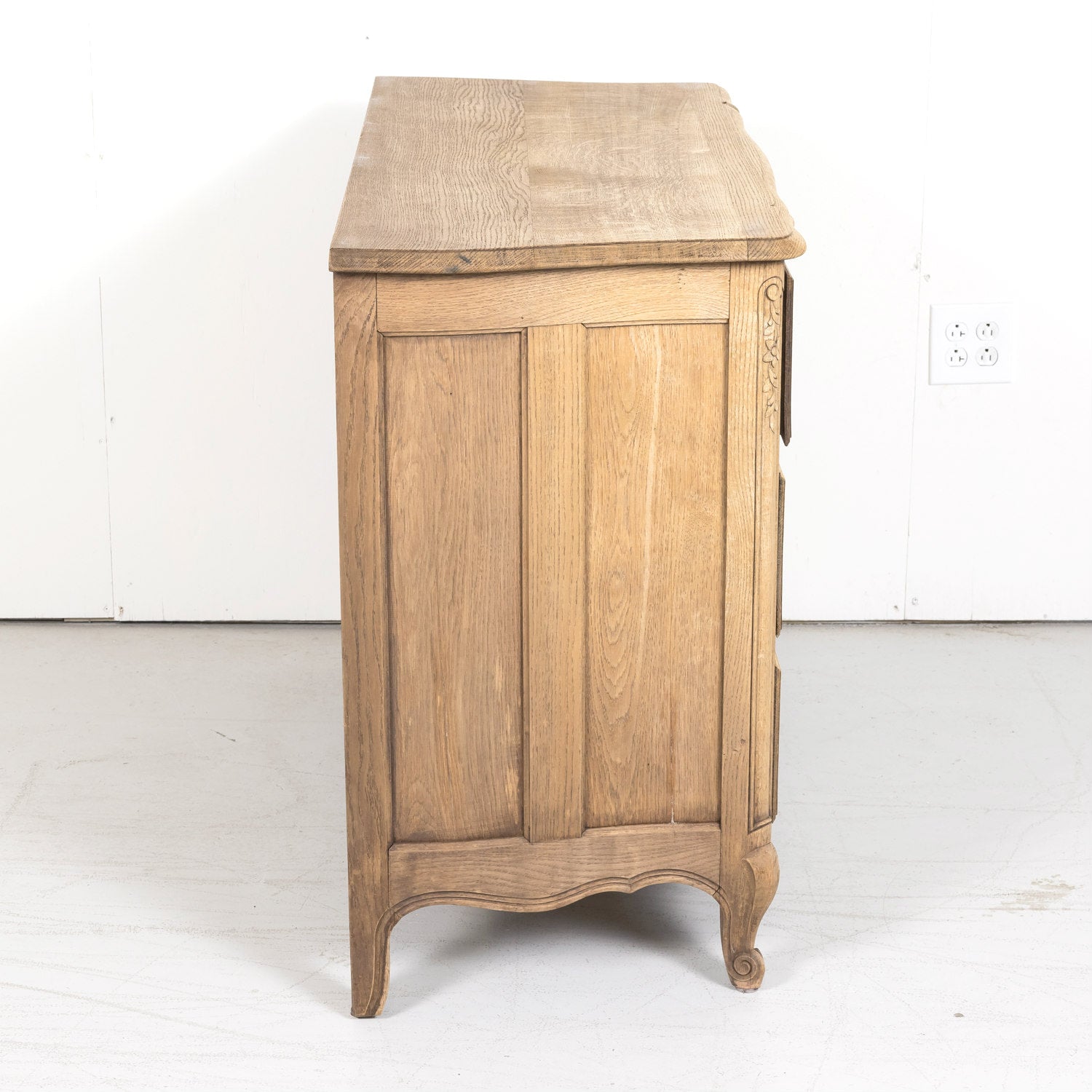 Antique French Country Louis XV Style Carved Bleached Oak Four-Drawer Commode