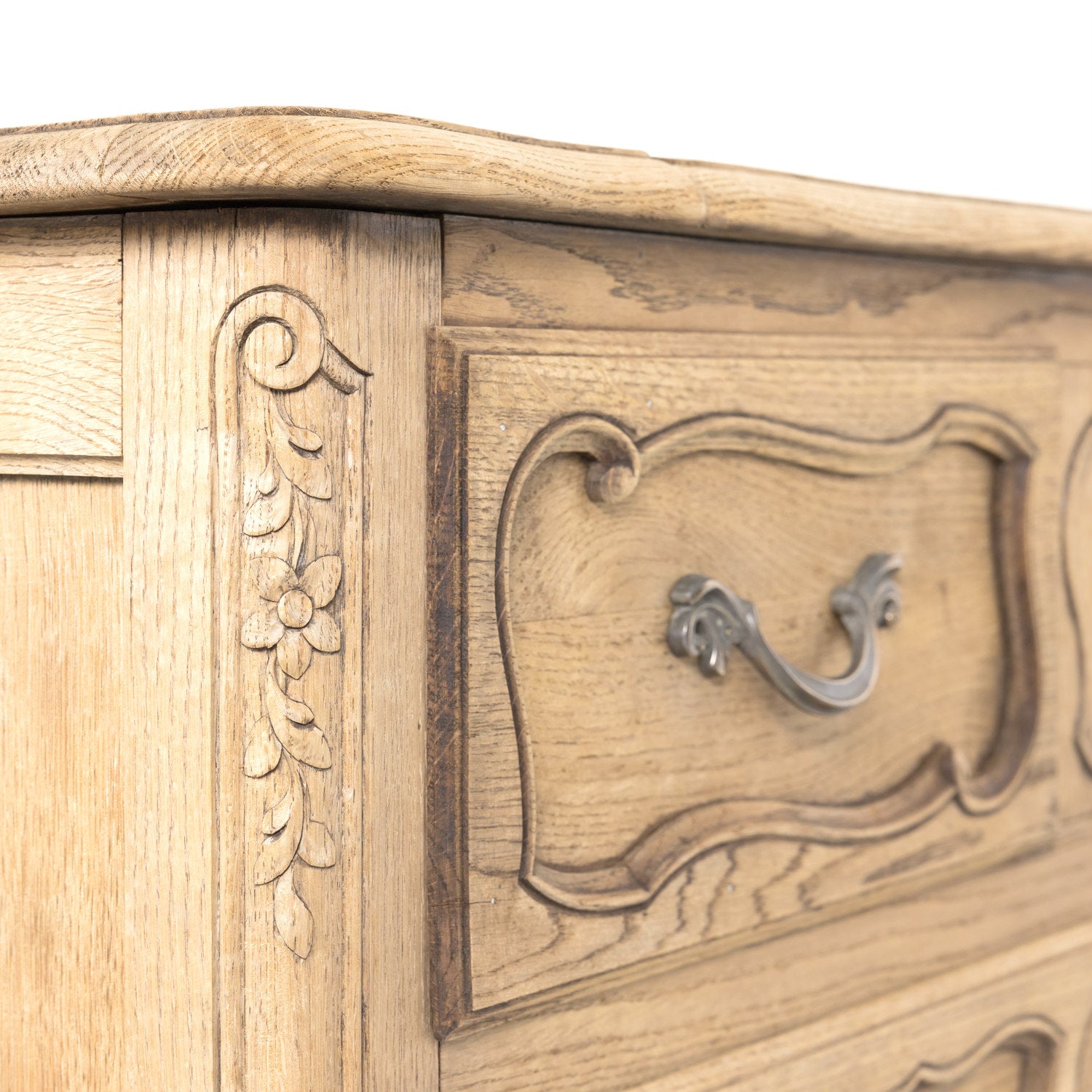 Antique French Country Louis XV Style Carved Bleached Oak Four-Drawer Commode