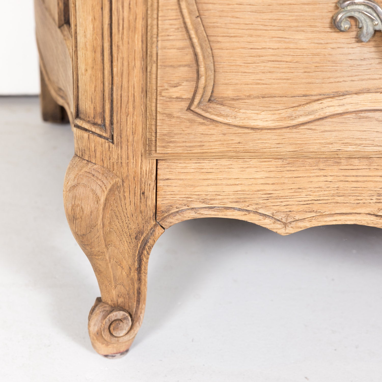 Antique French Country Louis XV Style Carved Bleached Oak Four-Drawer Commode