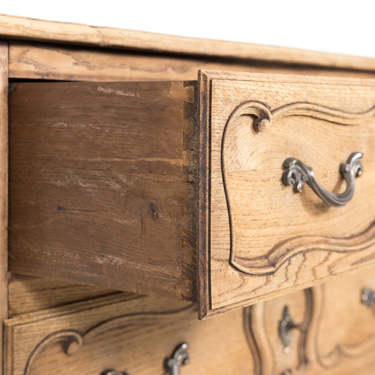 Antique French Country Louis XV Style Carved Bleached Oak Four-Drawer Commode