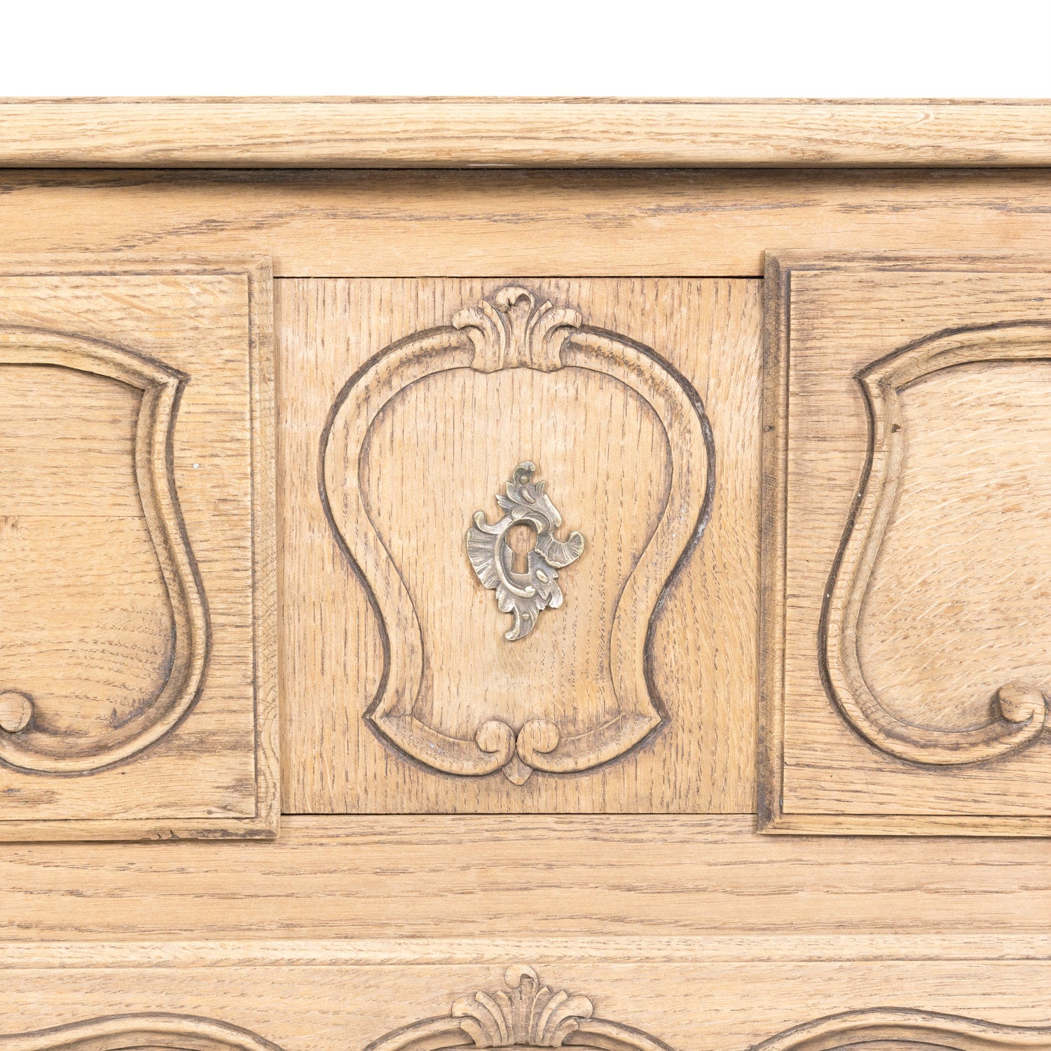 Antique French Country Louis XV Style Carved Bleached Oak Four-Drawer Commode