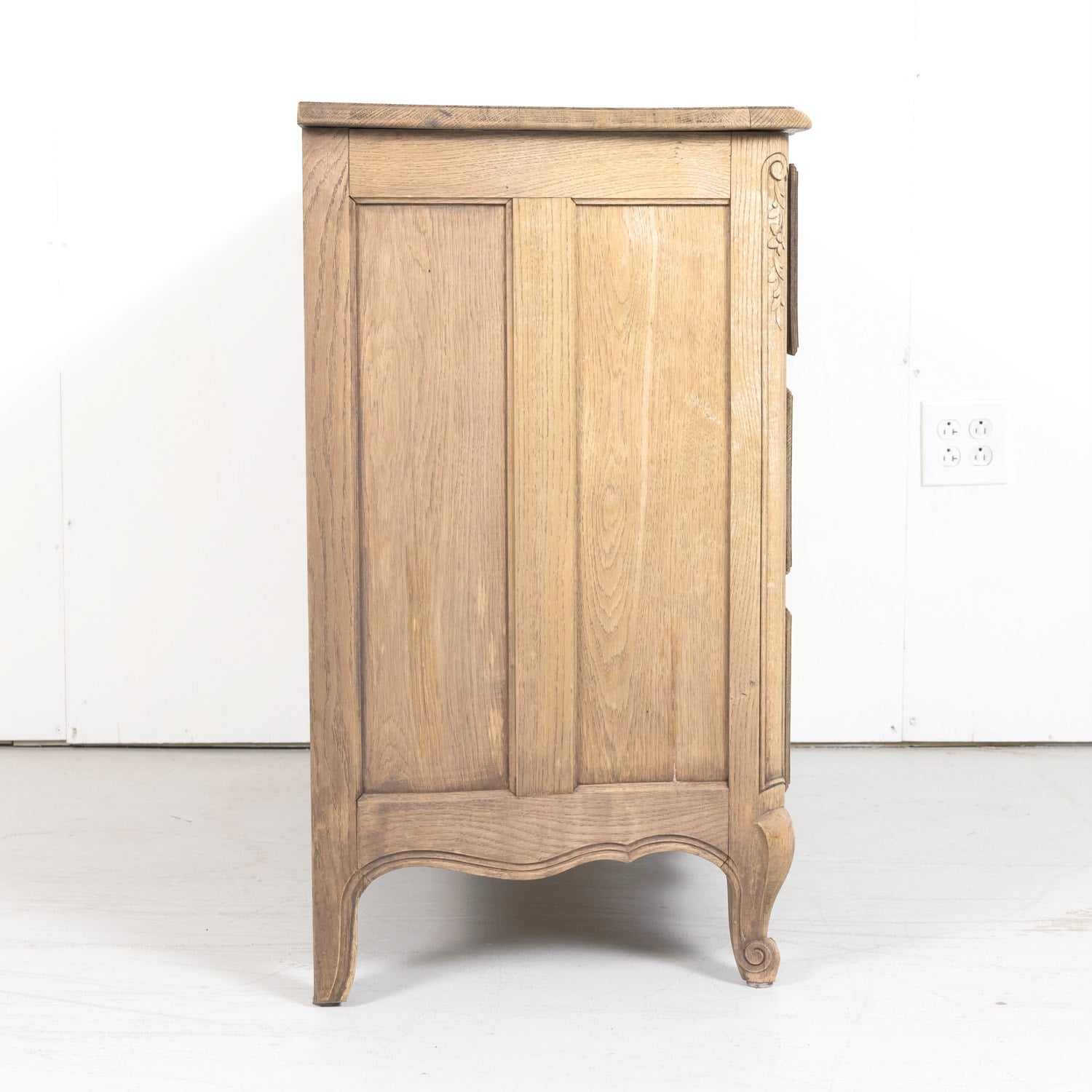 Antique French Country Louis XV Style Carved Bleached Oak Four-Drawer Commode