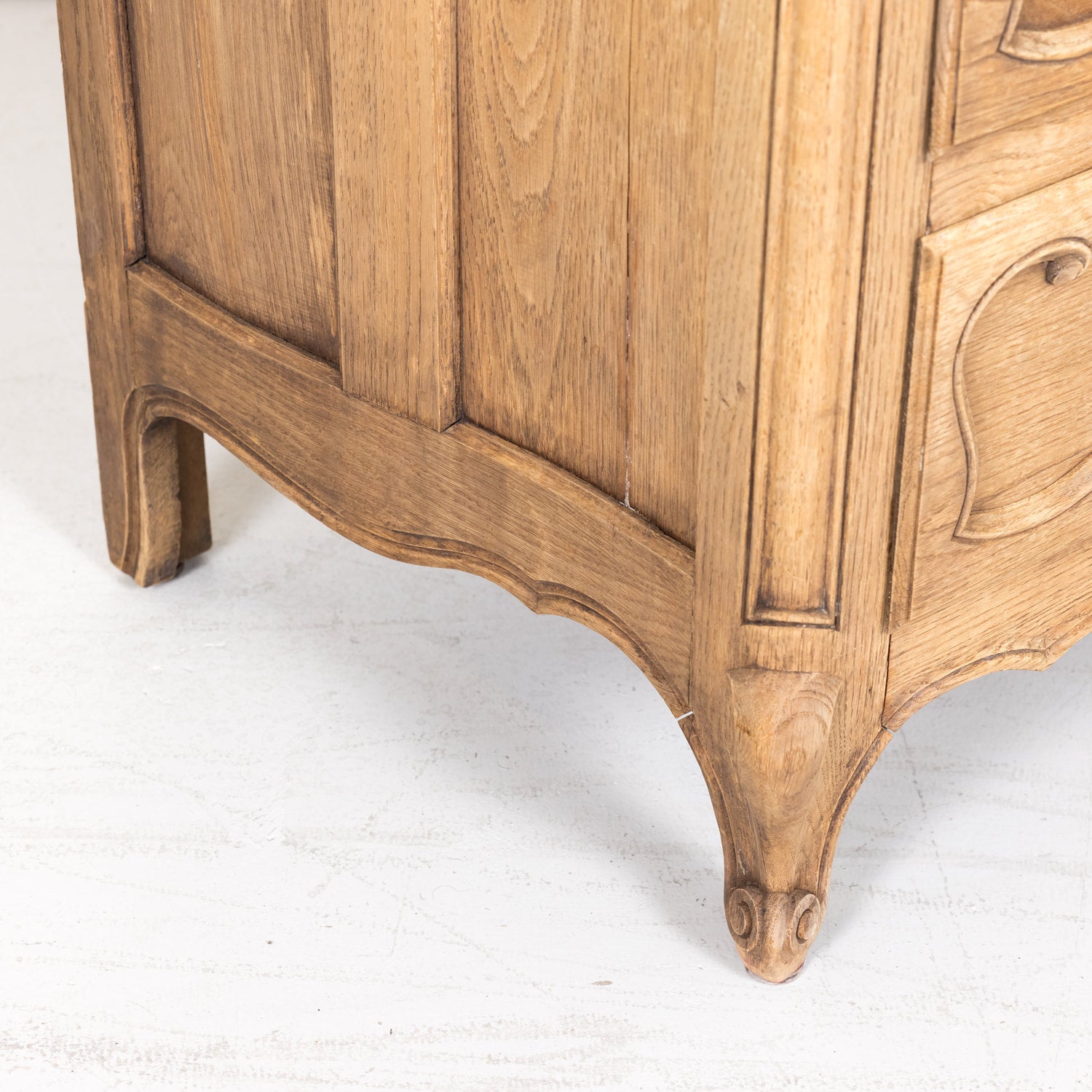 Antique French Country Louis XV Style Carved Bleached Oak Four-Drawer Commode