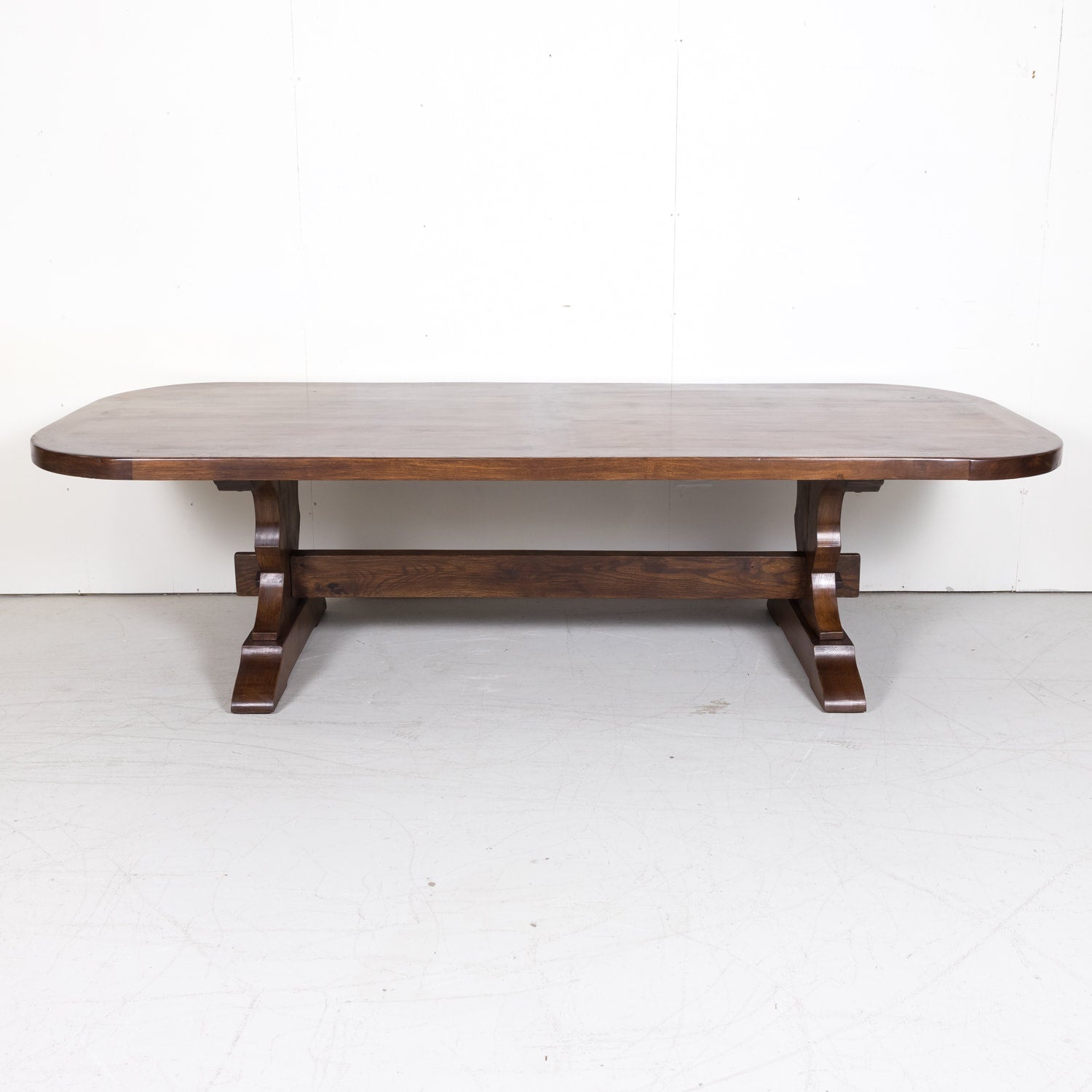 19th Century Antique French Chestnut Trestle Table with Rounded Edges