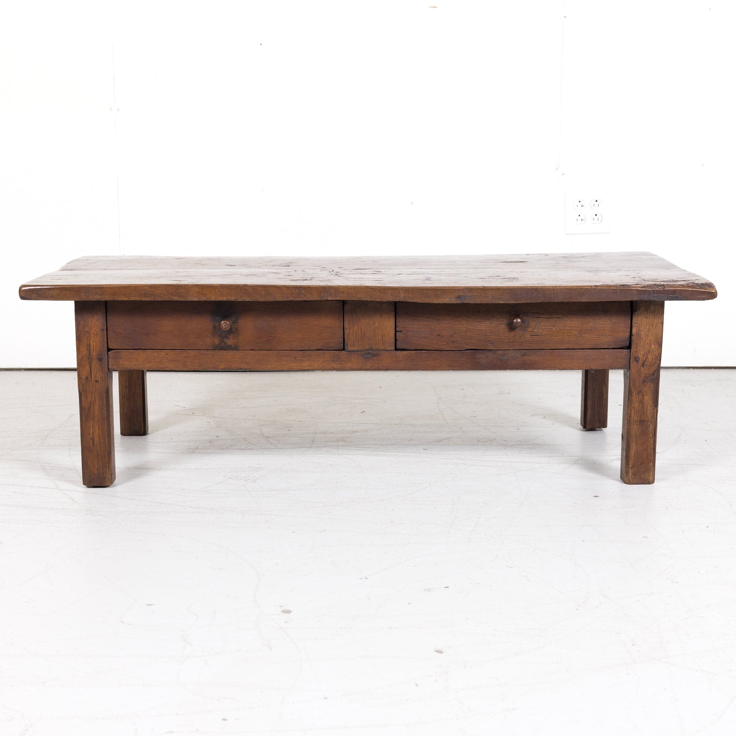 Rustic 19th Century French Country Solid Oak Table Basse or Coffee Table with Two Drawers