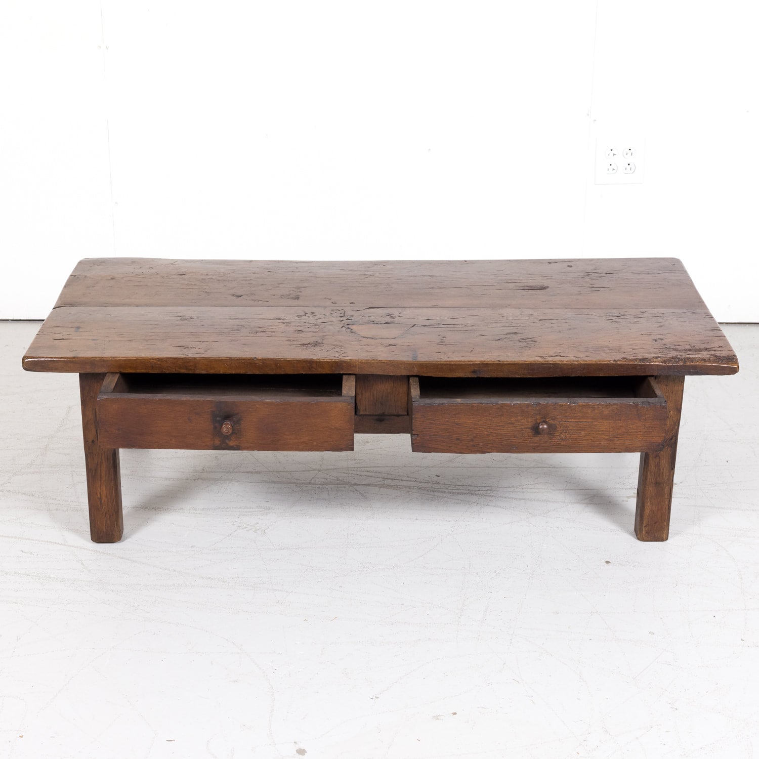 Rustic 19th Century French Country Solid Oak Table Basse or Coffee Table with Two Drawers
