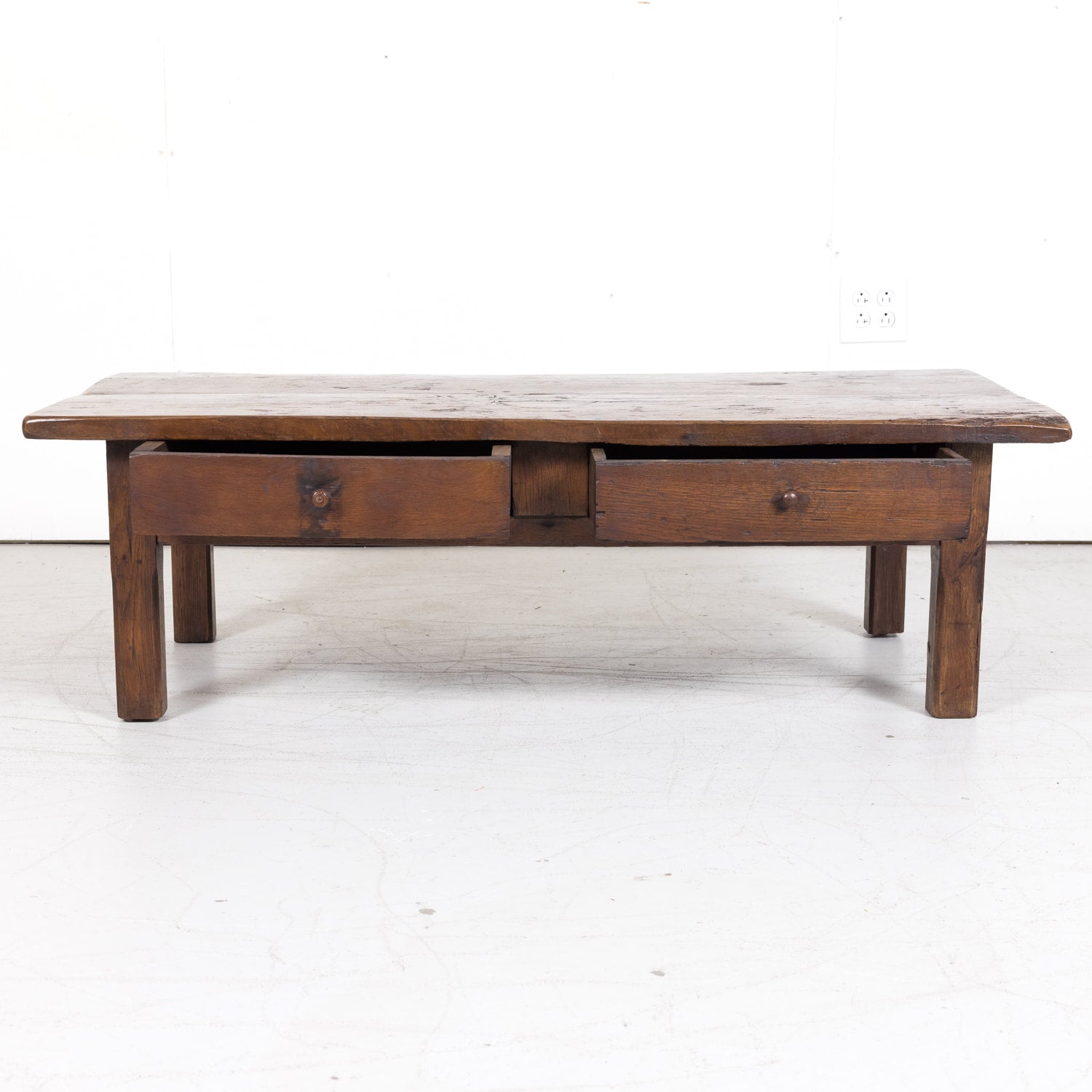 Rustic 19th Century French Country Solid Oak Table Basse or Coffee Table with Two Drawers
