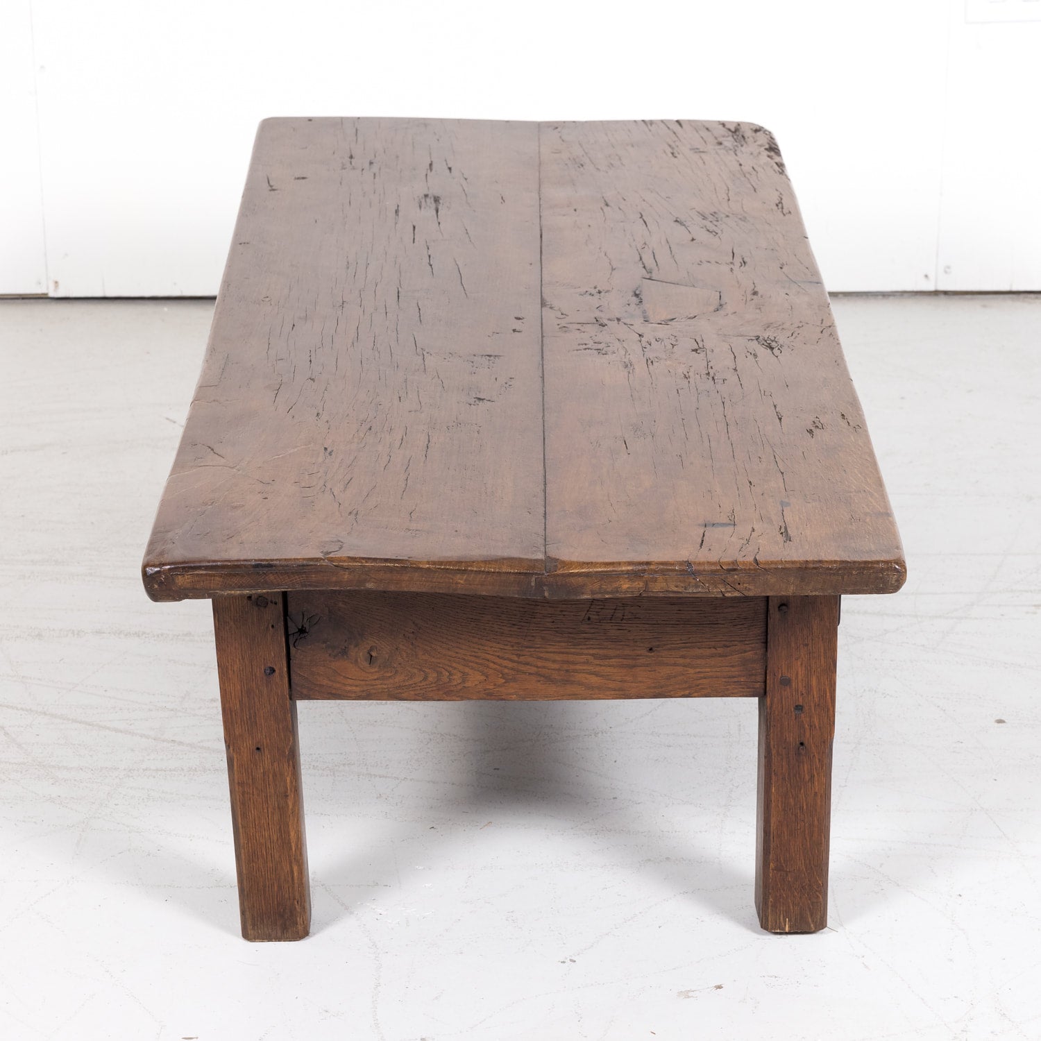 Rustic 19th Century French Country Solid Oak Table Basse or Coffee Table with Two Drawers