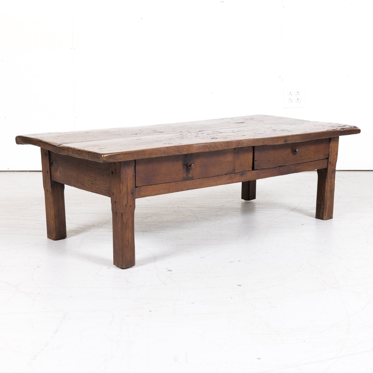 Rustic 19th Century French Country Solid Oak Table Basse or Coffee Table with Two Drawers
