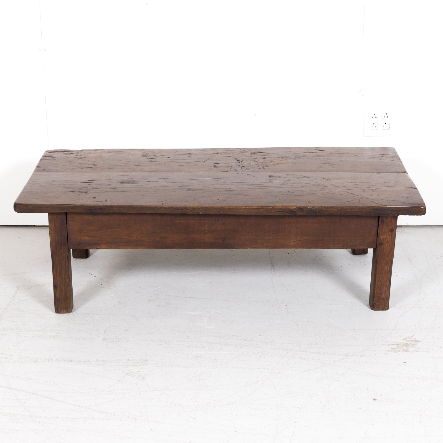 Rustic 19th Century French Country Solid Oak Table Basse or Coffee Table with Two Drawers
