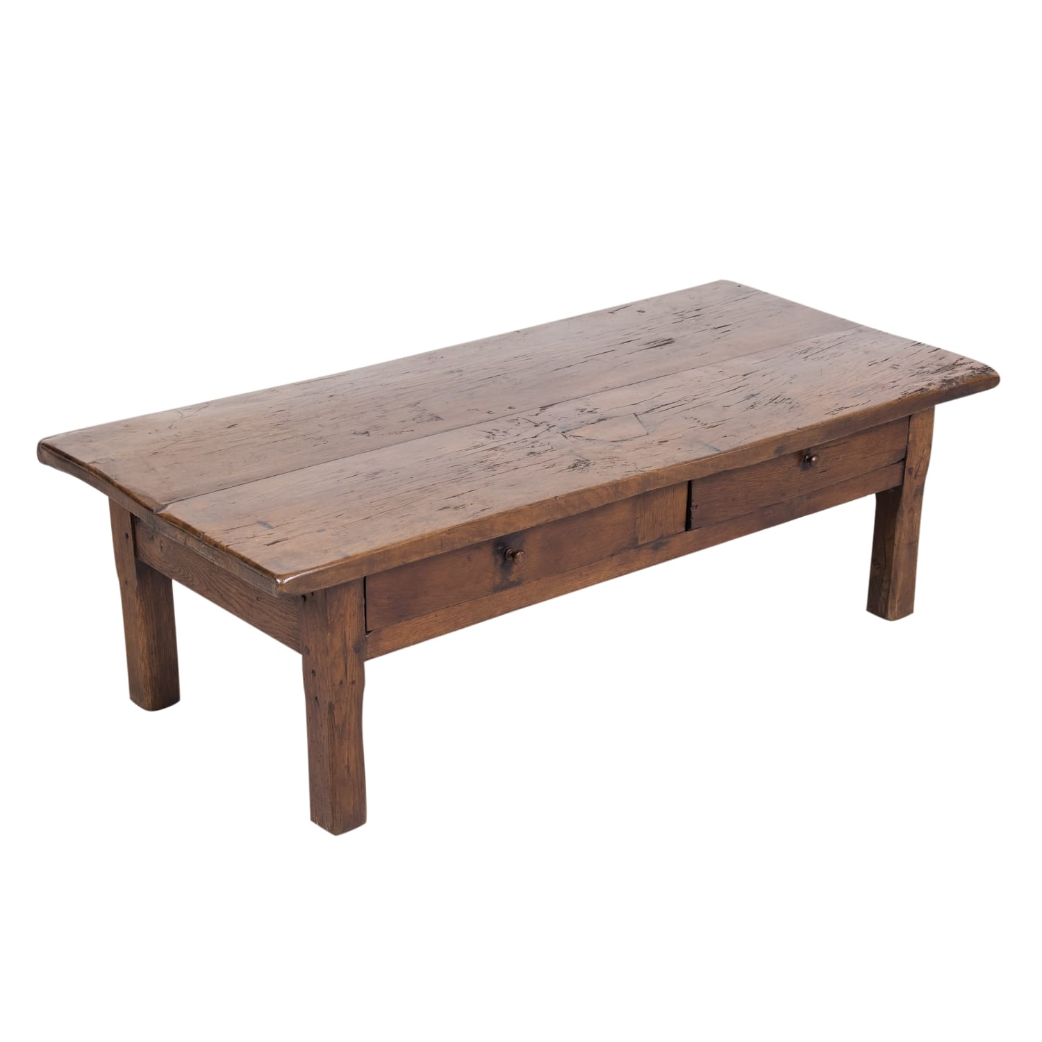 Rustic 19th Century French Country Solid Oak Table Basse or Coffee Table with Two Drawers