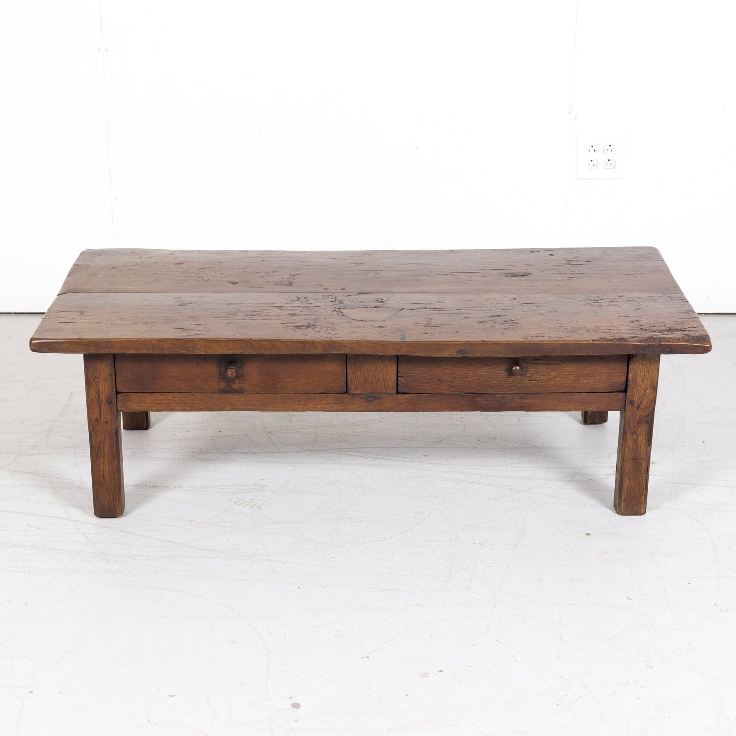 Rustic 19th Century French Country Solid Oak Table Basse or Coffee Table with Two Drawers