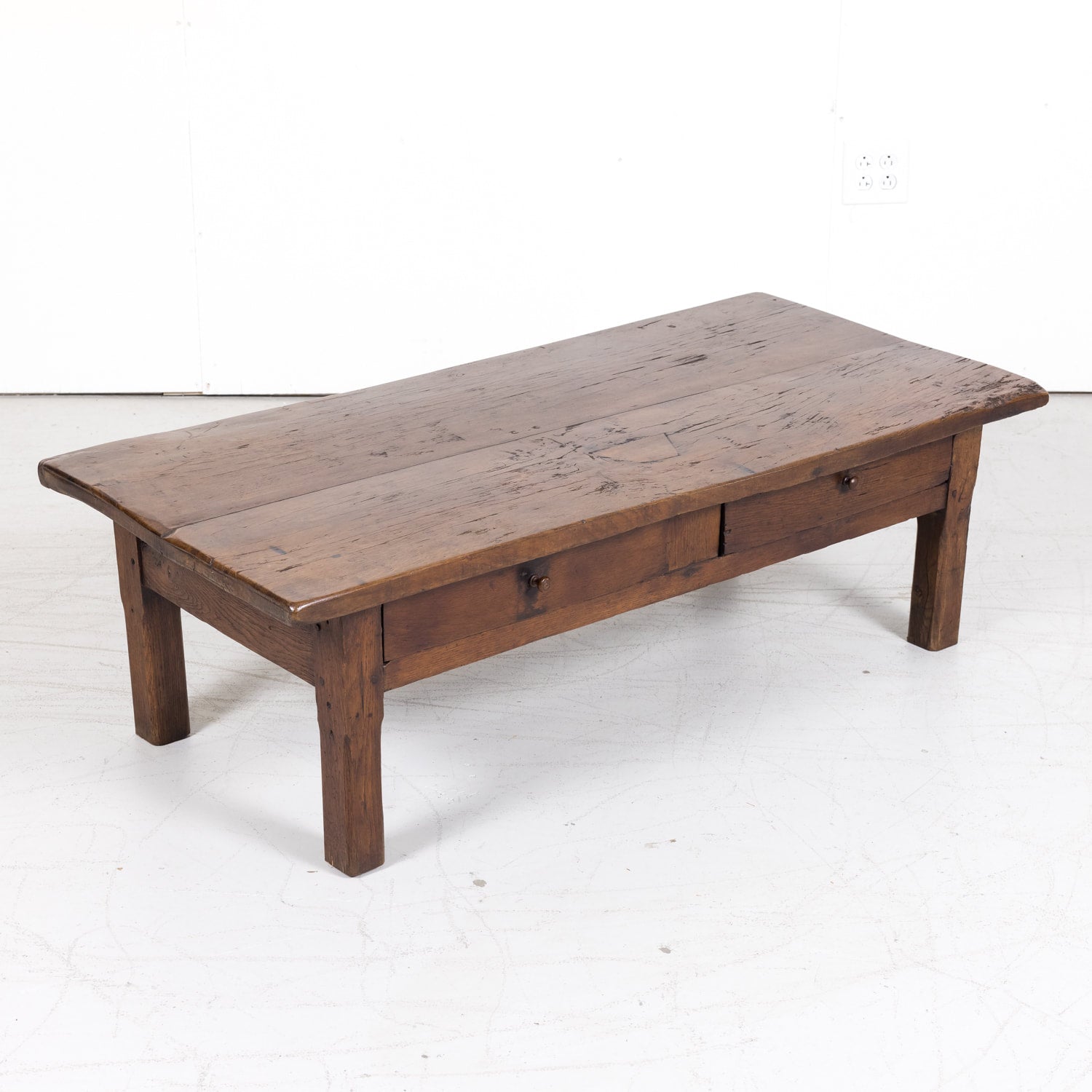 Rustic 19th Century French Country Solid Oak Table Basse or Coffee Table with Two Drawers