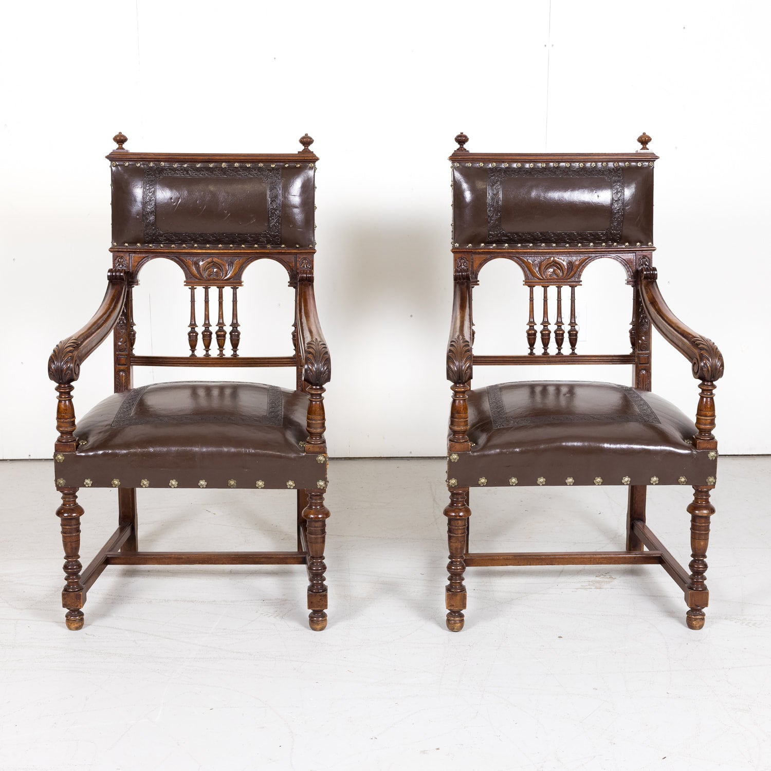 Pair of 19th Century French Walnut and Tooled Leather HenriI II Style Armchairs