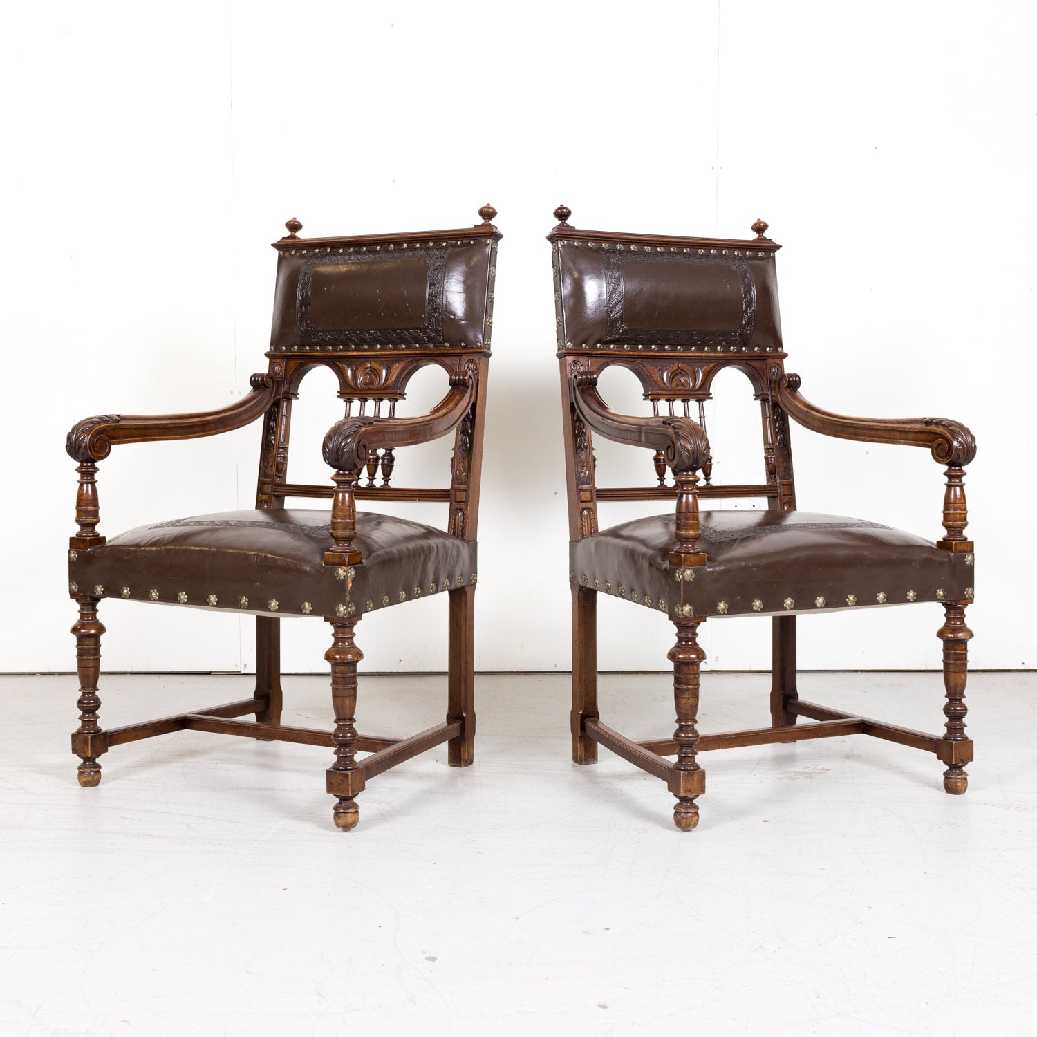 Pair of 19th Century French Walnut and Tooled Leather HenriI II Style Armchairs