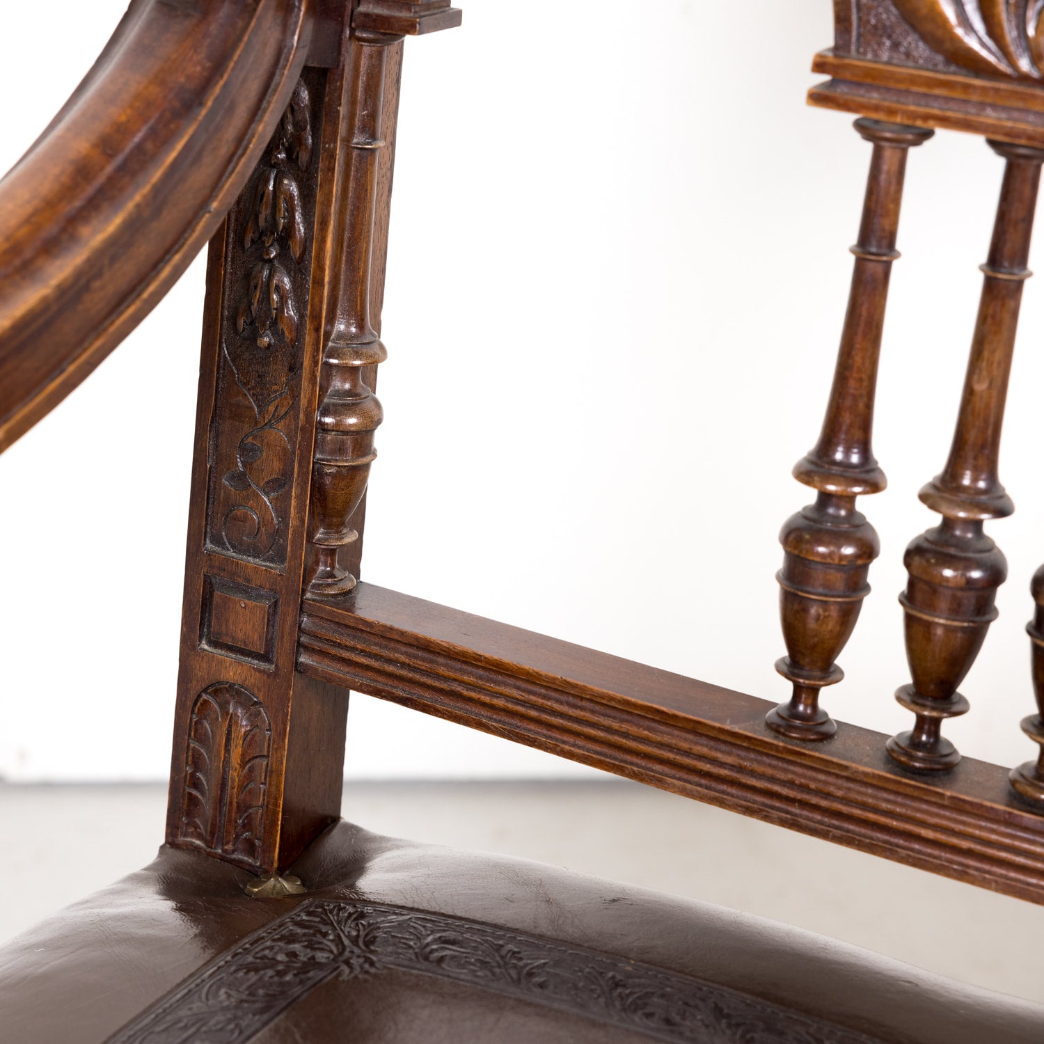 Pair of 19th Century French Walnut and Tooled Leather HenriI II Style Armchairs