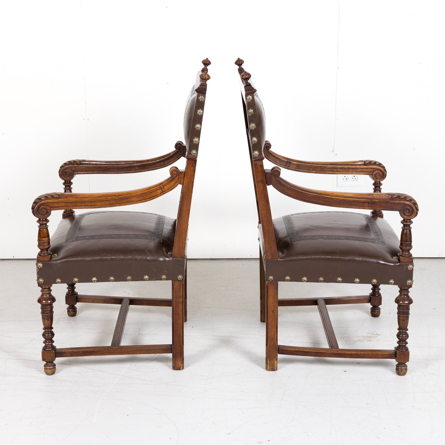 Pair of 19th Century French Walnut and Tooled Leather HenriI II Style Armchairs