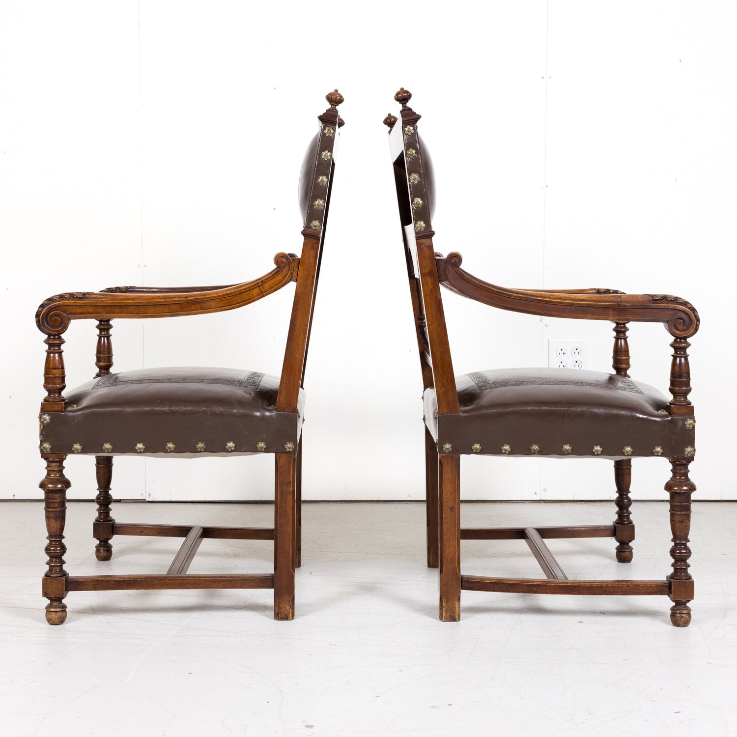 Pair of 19th Century French Walnut and Tooled Leather HenriI II Style Armchairs