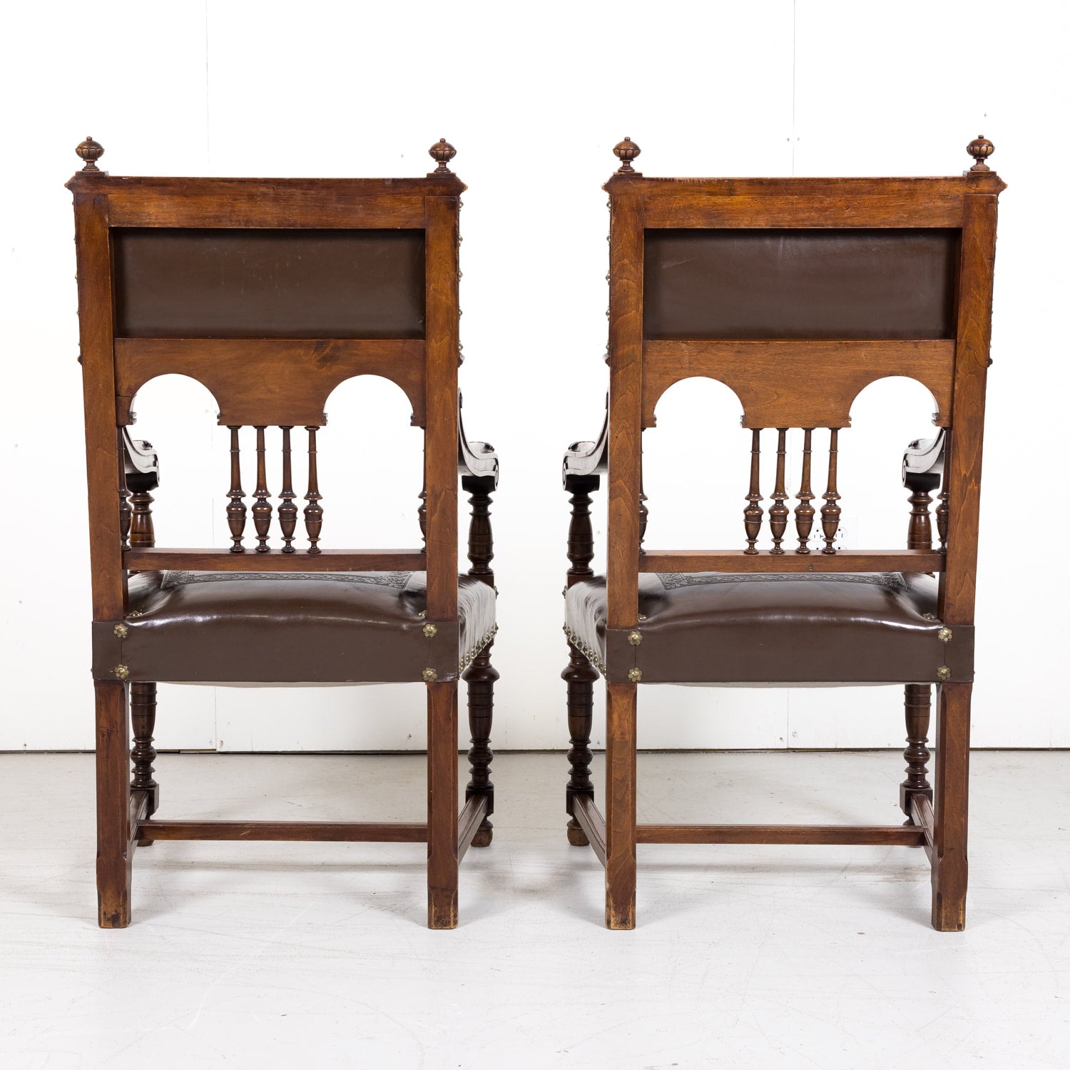 Pair of 19th Century French Walnut and Tooled Leather HenriI II Style Armchairs