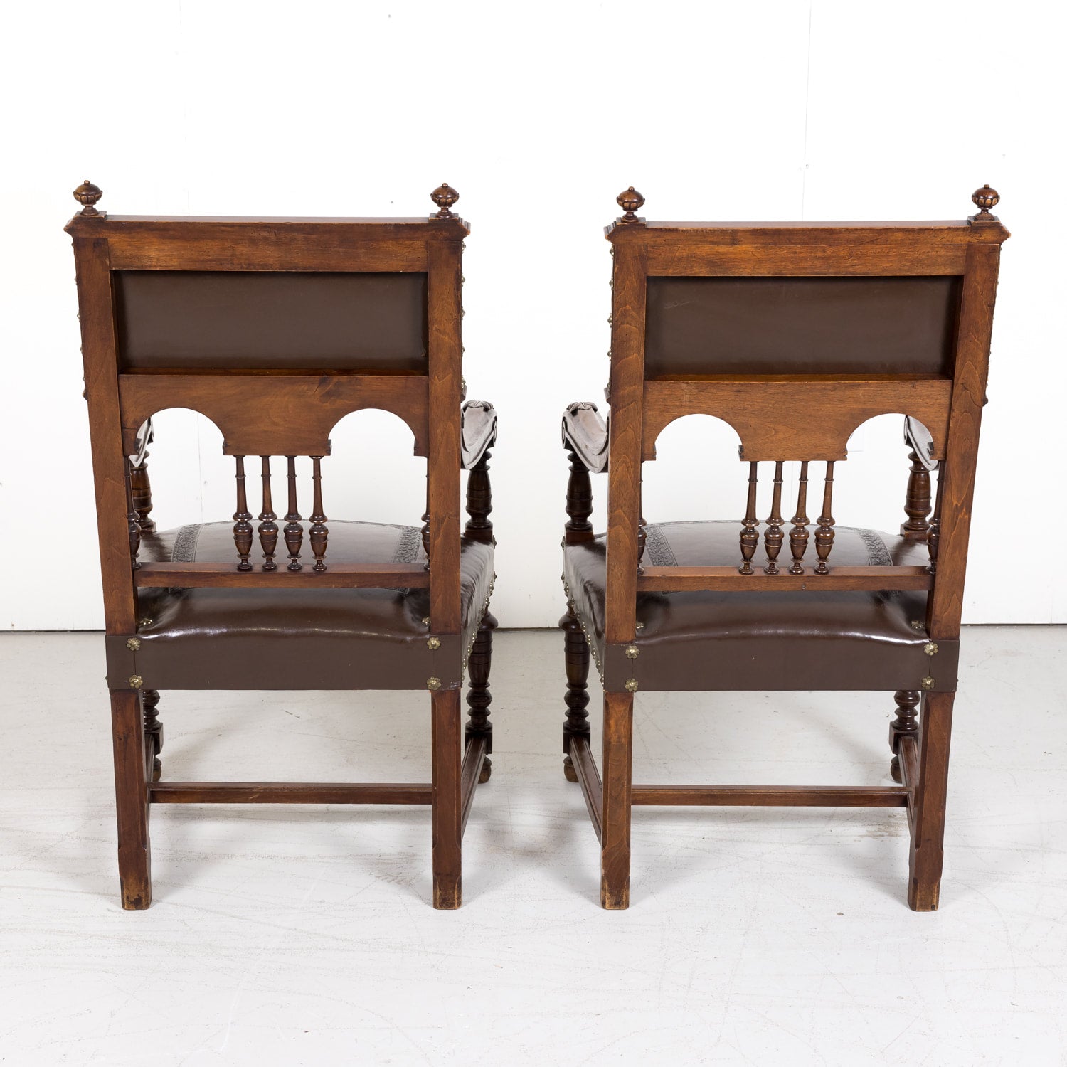 Pair of 19th Century French Walnut and Tooled Leather HenriI II Style Armchairs