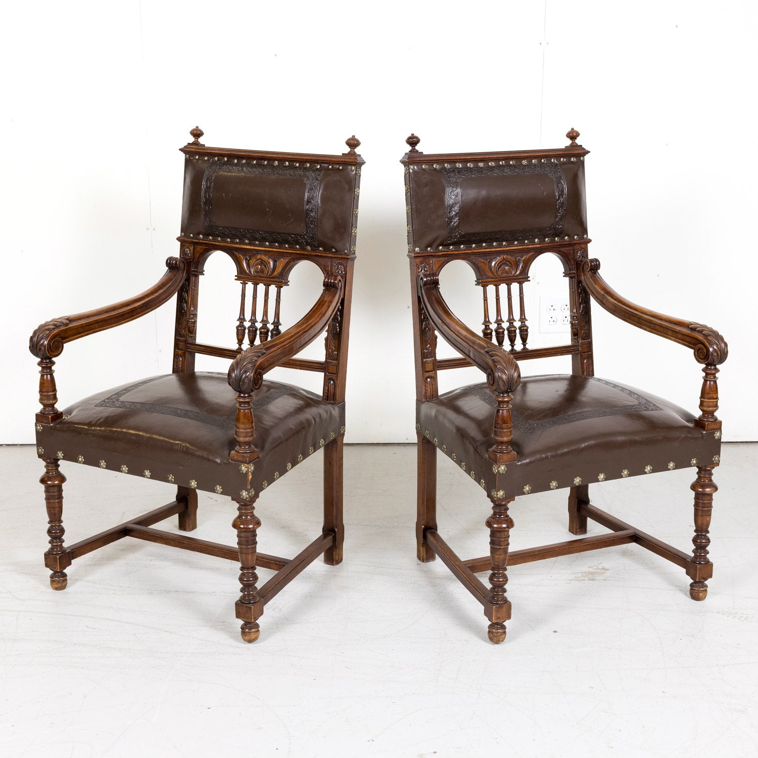 Pair of 19th Century French Walnut and Tooled Leather HenriI II Style Armchairs