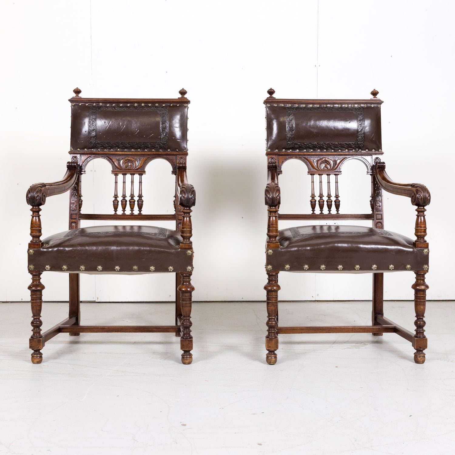 Pair of 19th Century French Walnut and Tooled Leather HenriI II Style Armchairs