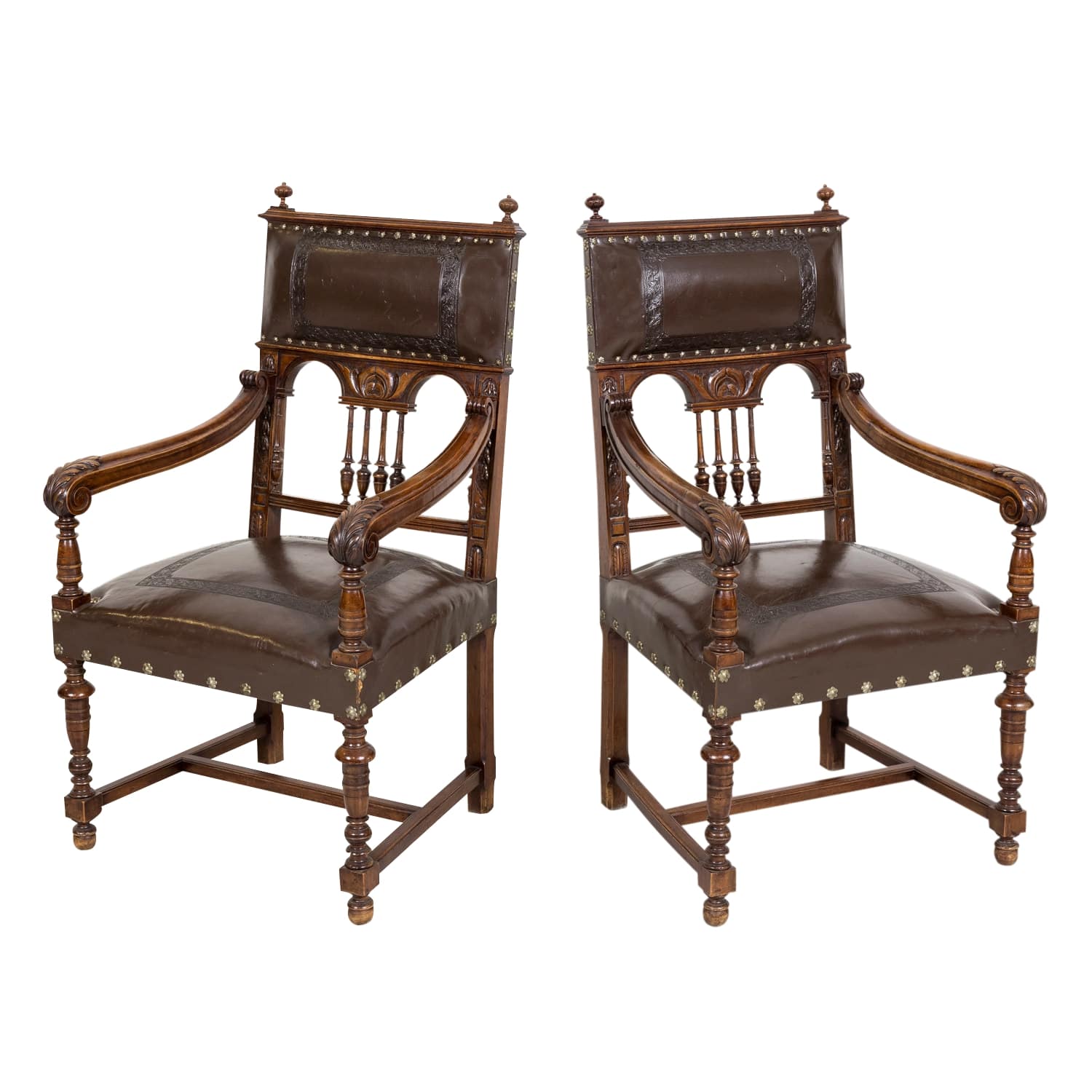 Pair of 19th Century French Walnut and Tooled Leather HenriI II Style Armchairs