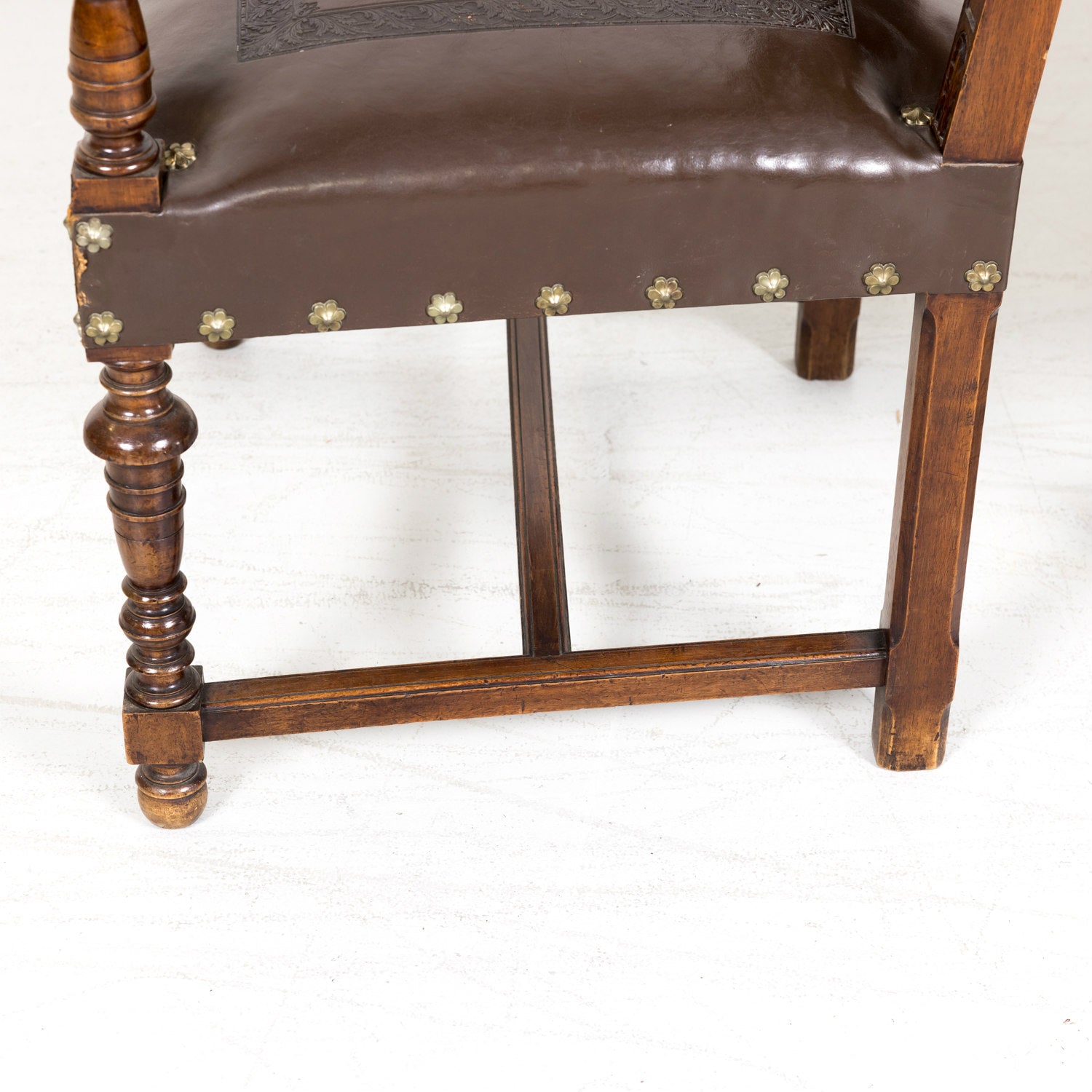 Pair of 19th Century French Walnut and Tooled Leather HenriI II Style Armchairs