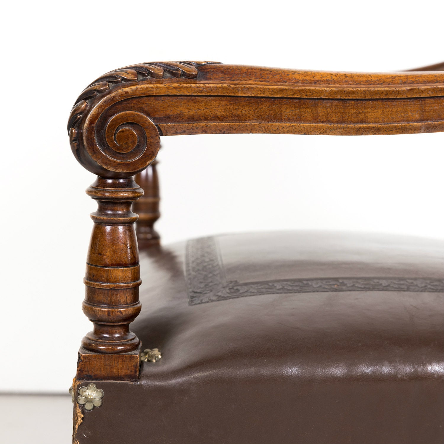 Pair of 19th Century French Walnut and Tooled Leather HenriI II Style Armchairs