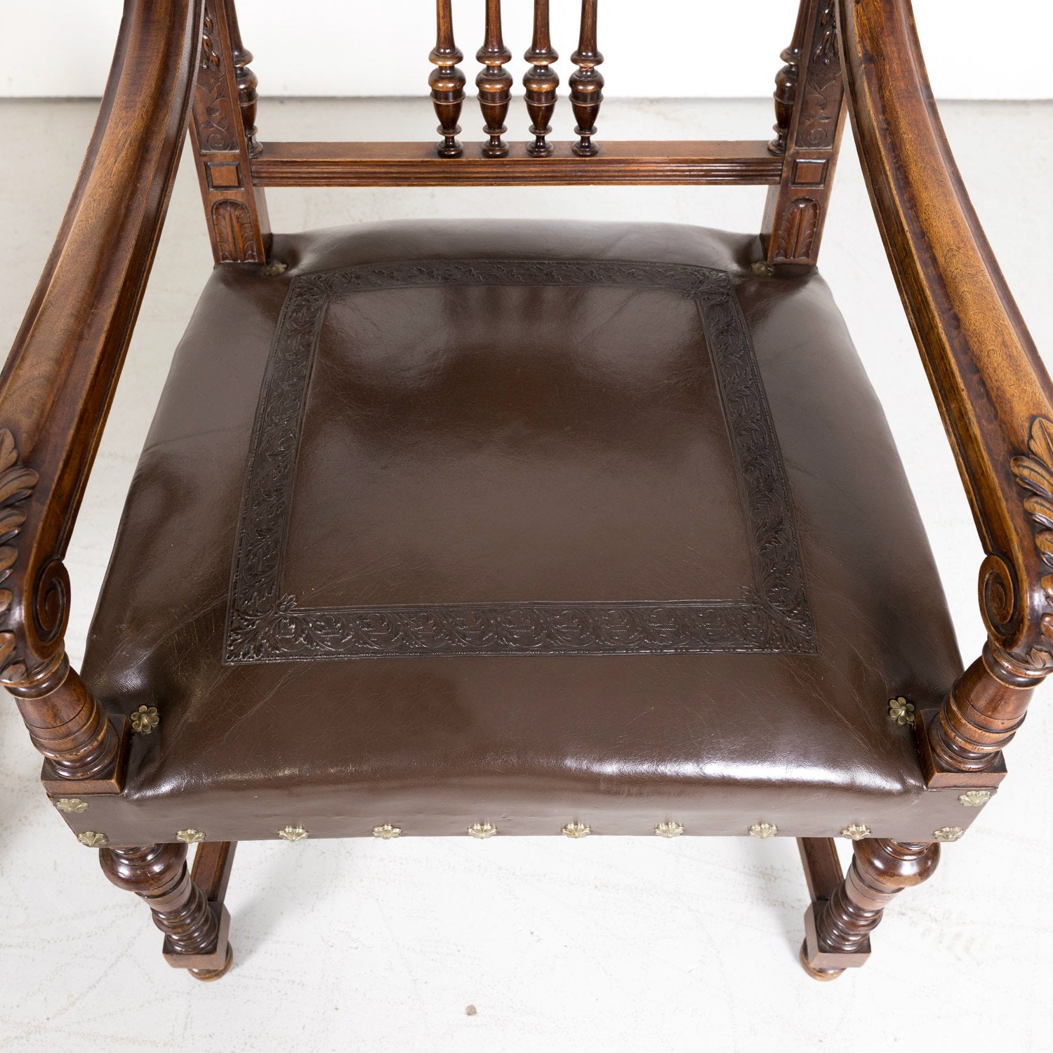 Pair of 19th Century French Walnut and Tooled Leather HenriI II Style Armchairs