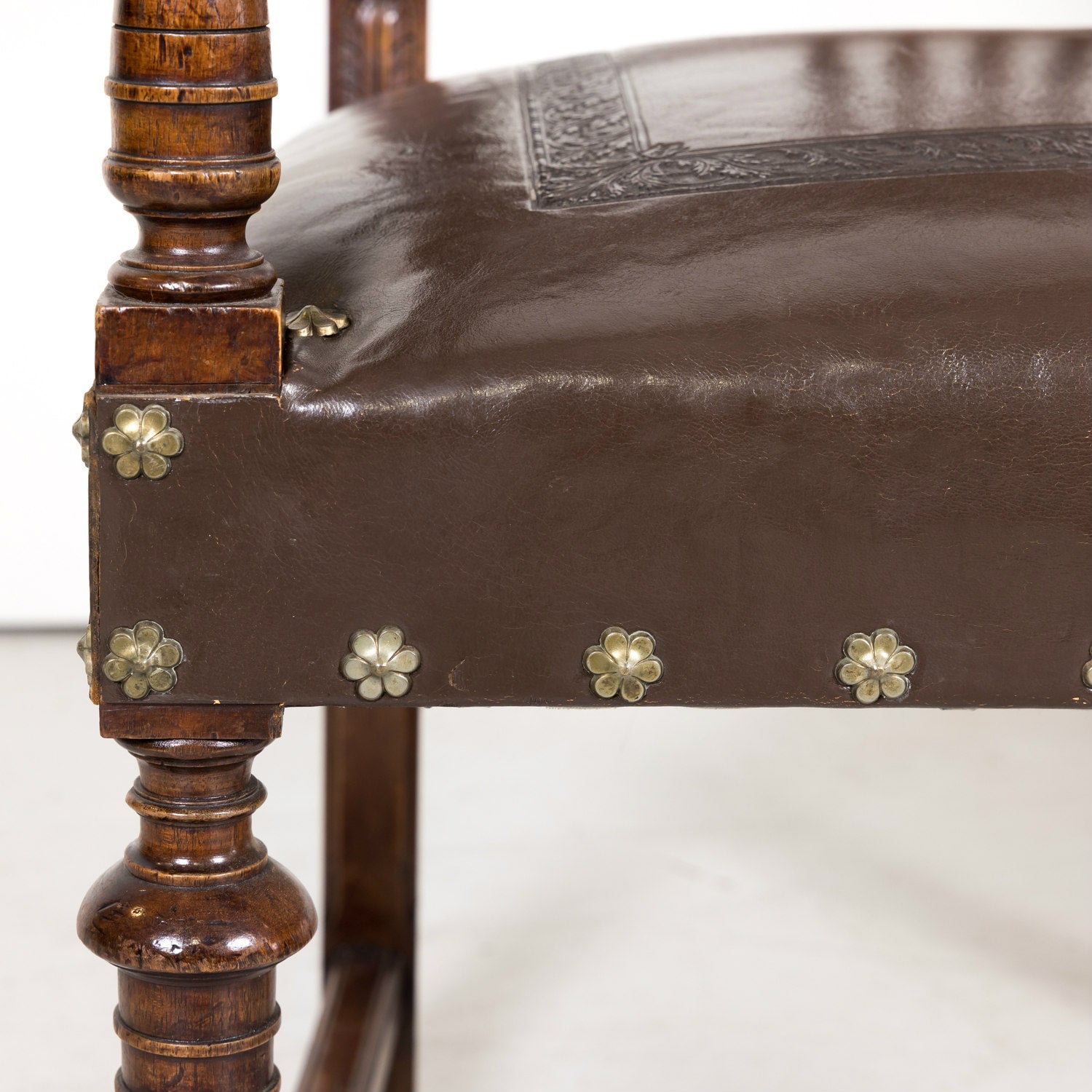 Pair of 19th Century French Walnut and Tooled Leather HenriI II Style Armchairs