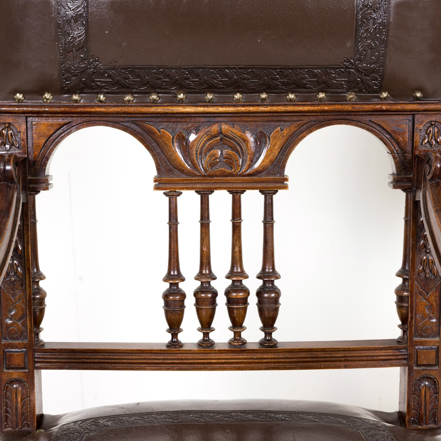 Pair of 19th Century French Walnut and Tooled Leather HenriI II Style Armchairs