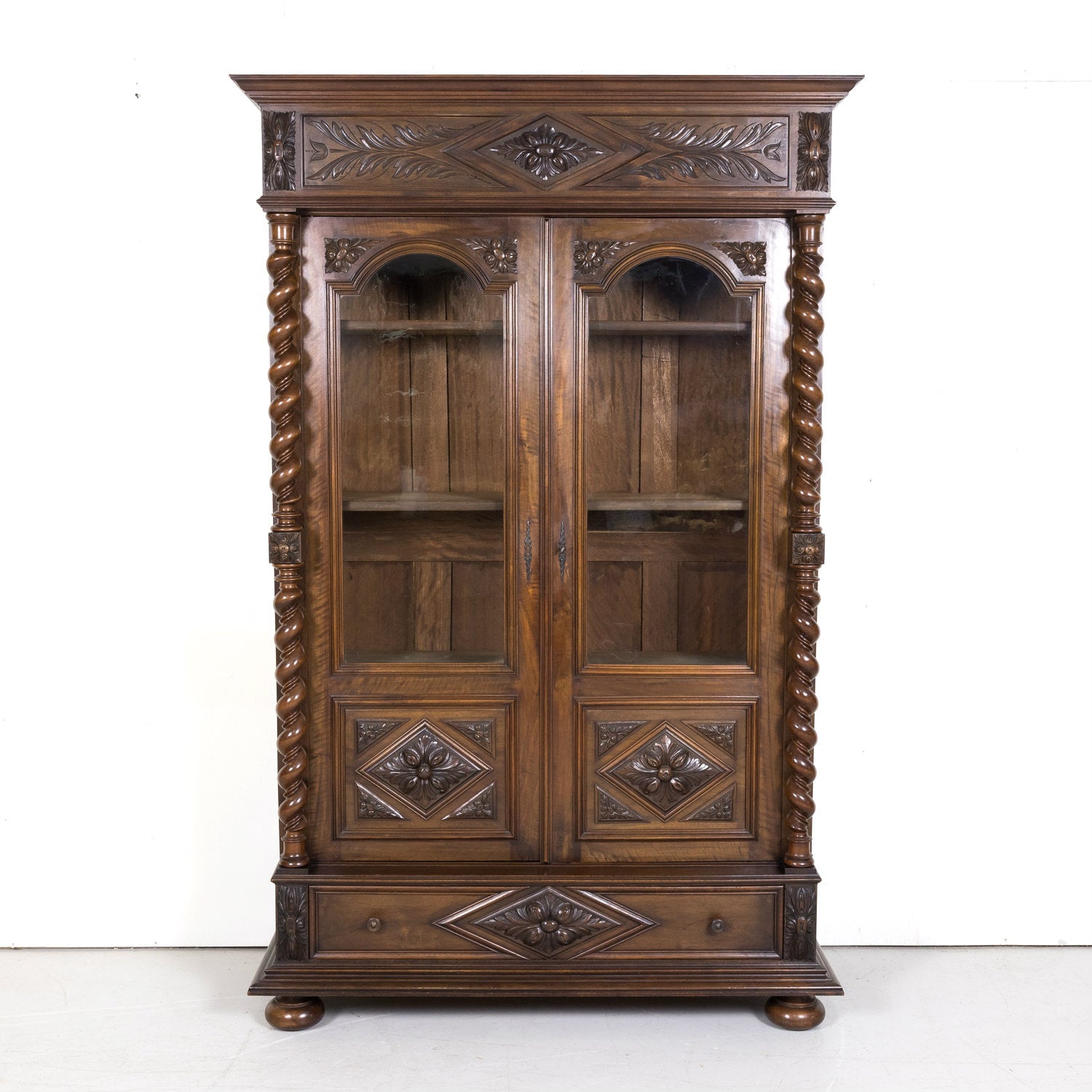 19th Century French Louis XIII Style Barley Twist Bibliotheque or Bookcase with Drawer