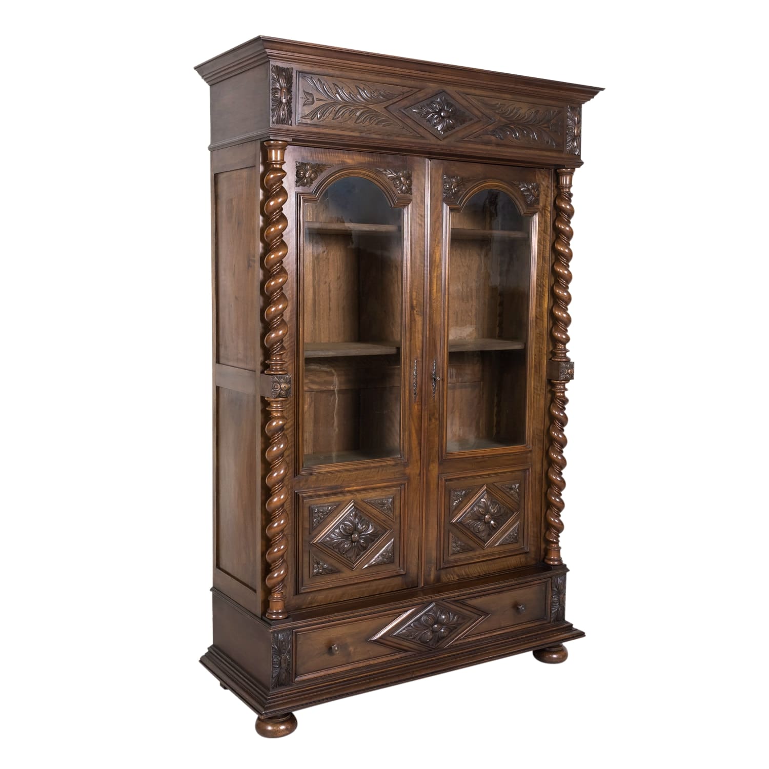 19th Century French Louis XIII Style Barley Twist Bibliotheque or Bookcase with Drawer