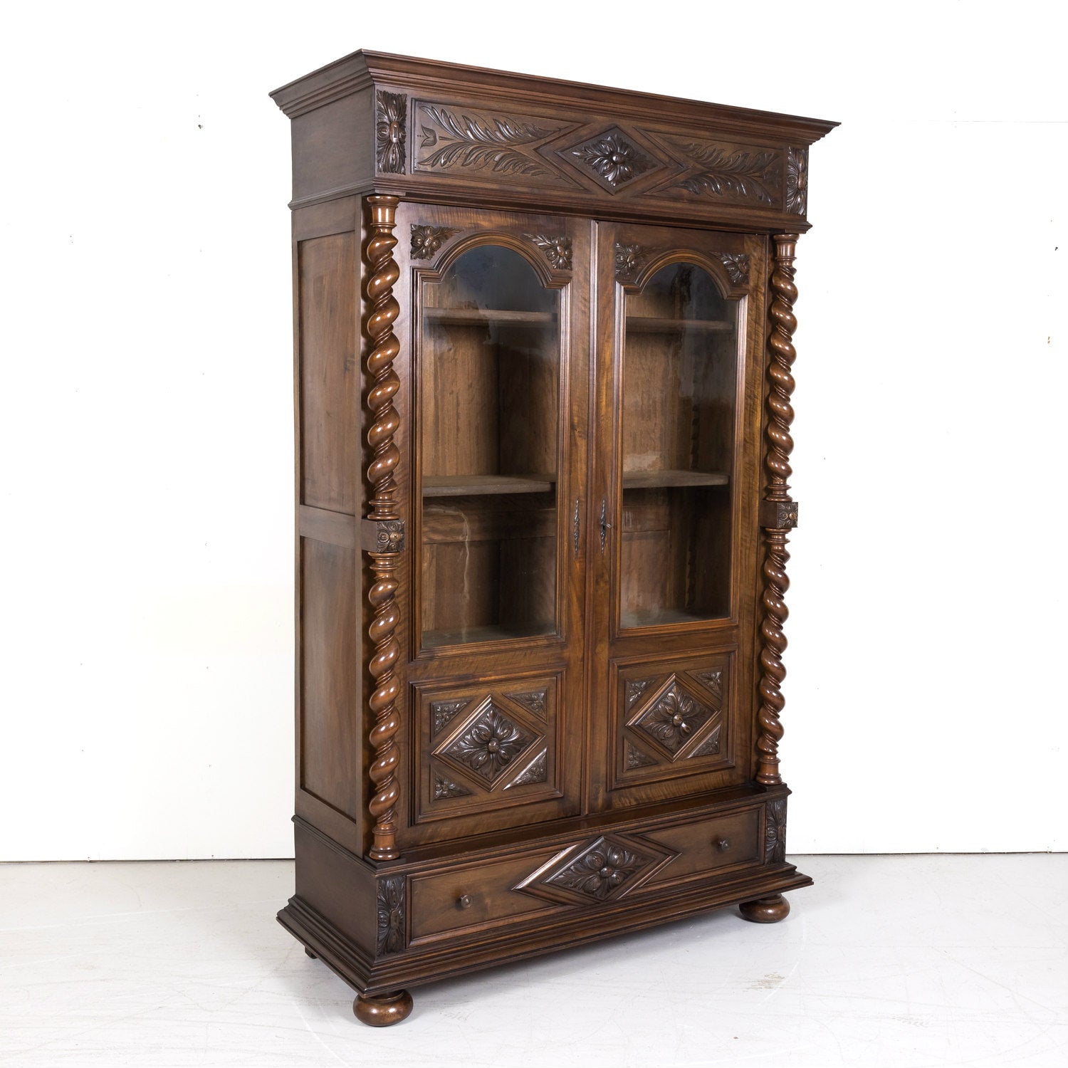 19th Century French Louis XIII Style Barley Twist Bibliotheque or Bookcase with Drawer