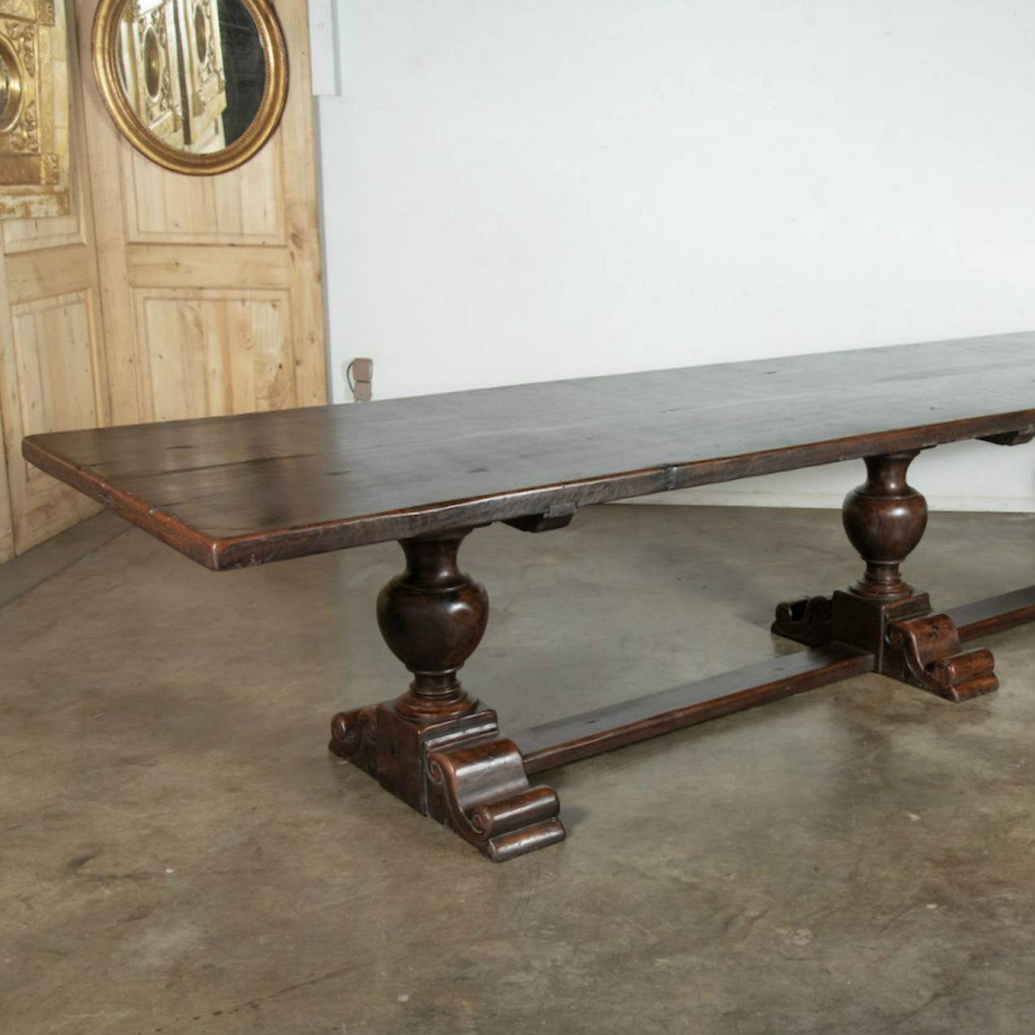 Exceptional 19th Century Solid Walnut Louis XIII Style 13.5 Foot Chateau Trestle Dining Table