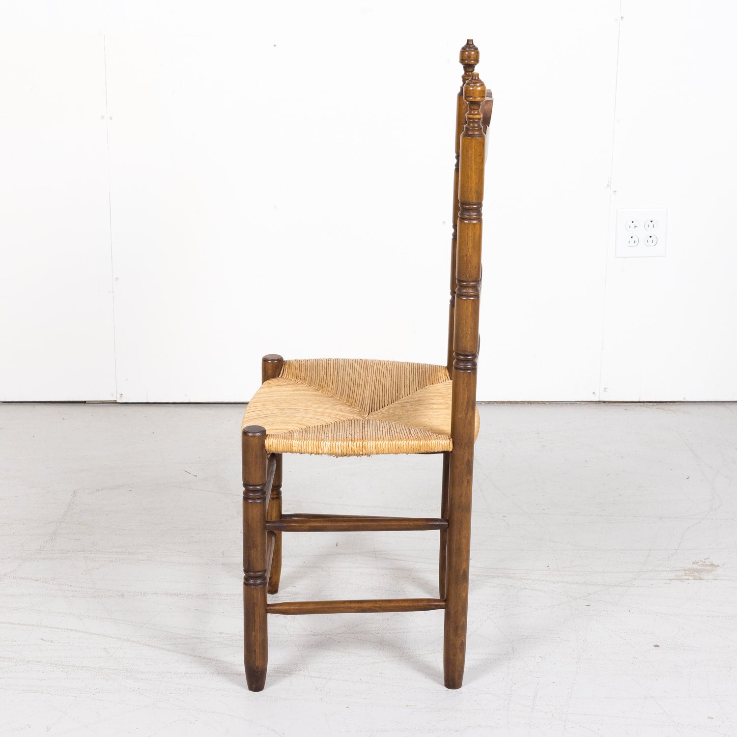 Set of 6 Antique French Country Walnut Ladder Back Chairs with Rush Slip Seats